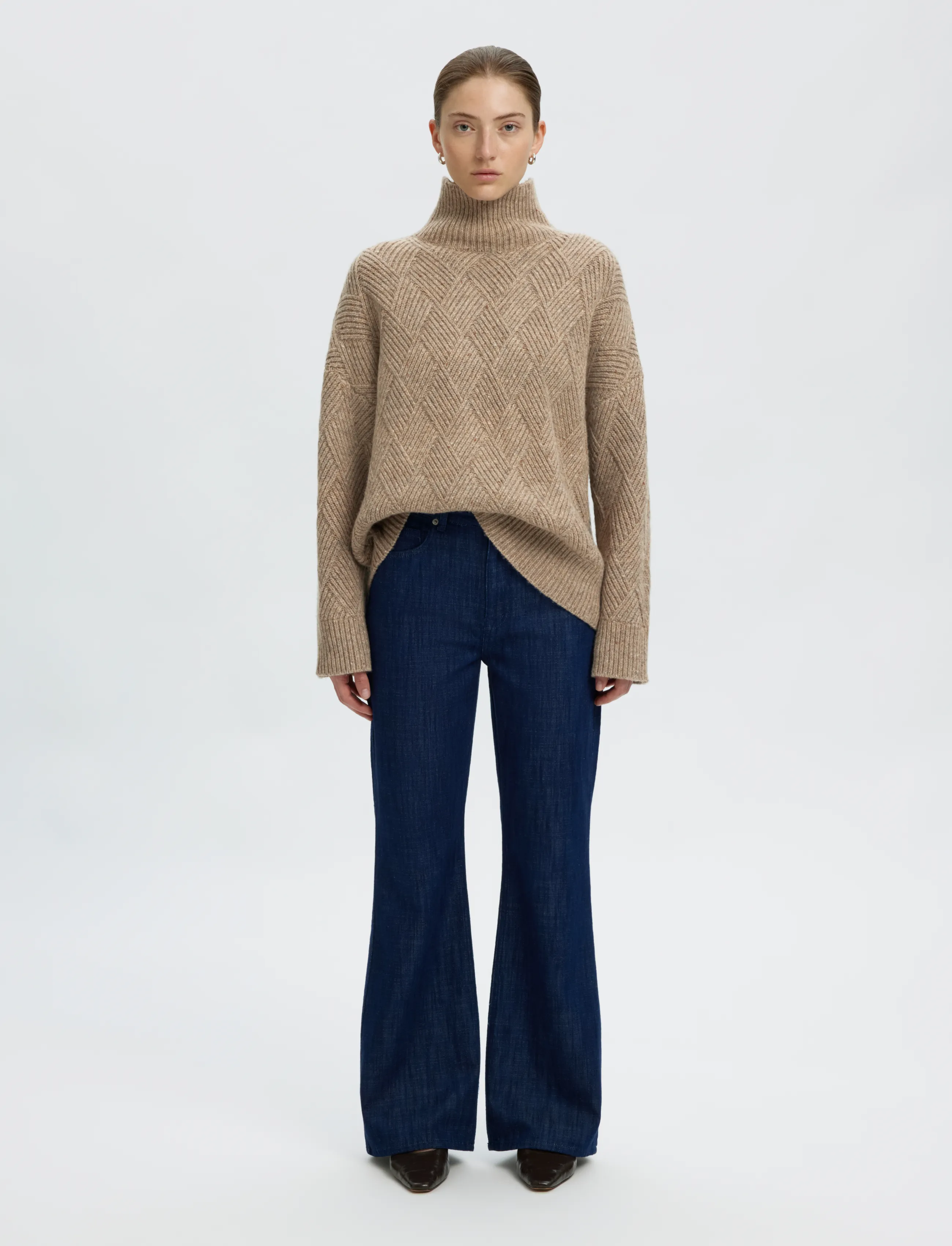 Selected - SLWCORA LS KNIT STRUCTURE HIGH NECK CAMP - pullover - oatmeal - 3