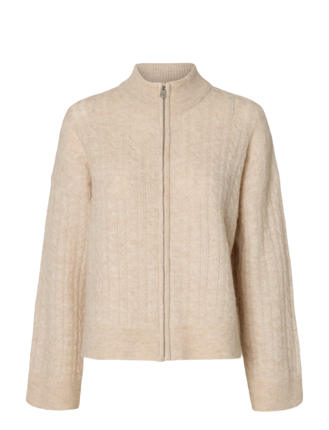 Selected SLWLULU CABLE LS KNIT ZIPPER CARDIGAN - Kudumid - BIRCH / beige