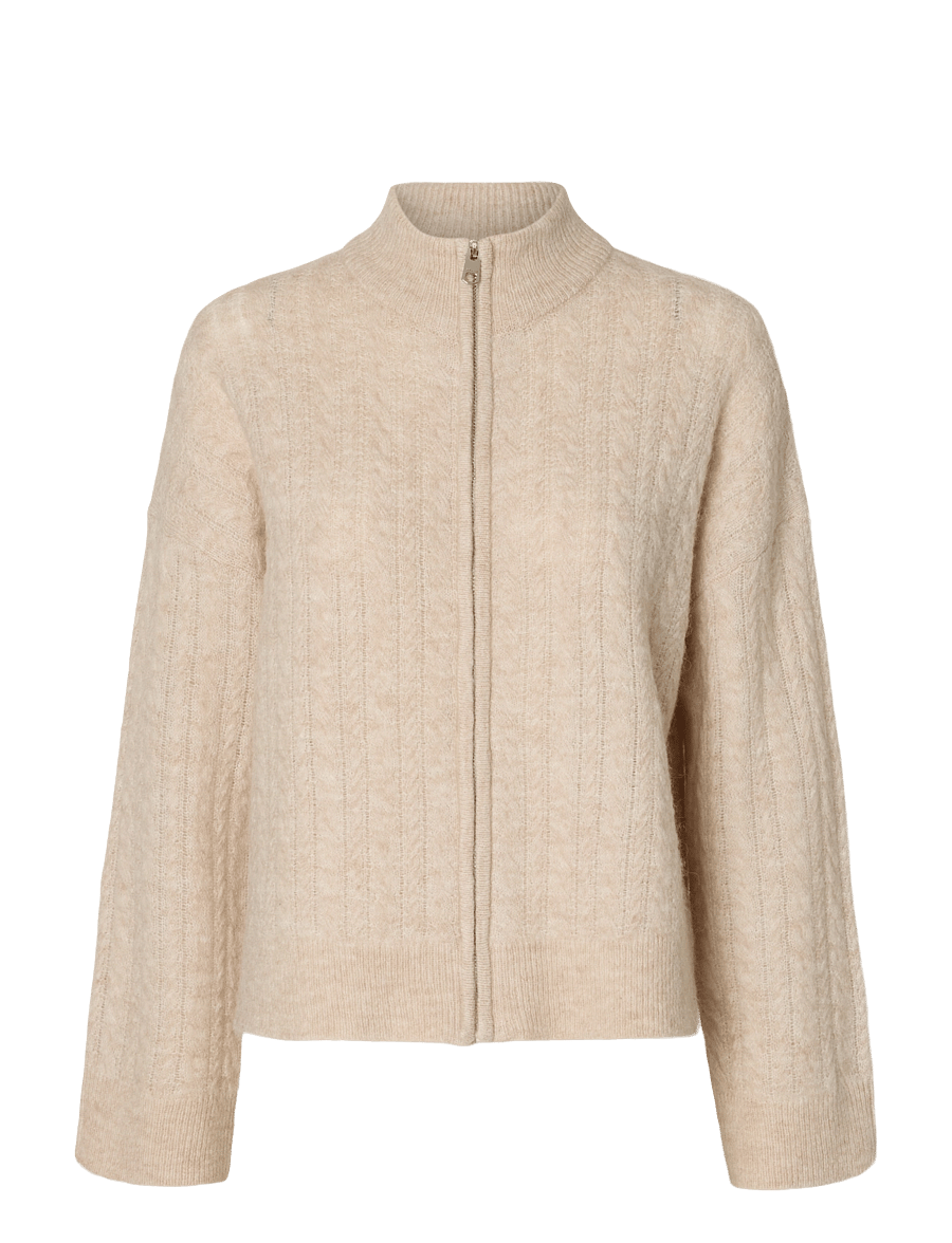 Selected - SLWLULU CABLE LS KNIT ZIPPER CARDIGAN - kardiganid - birch - 0