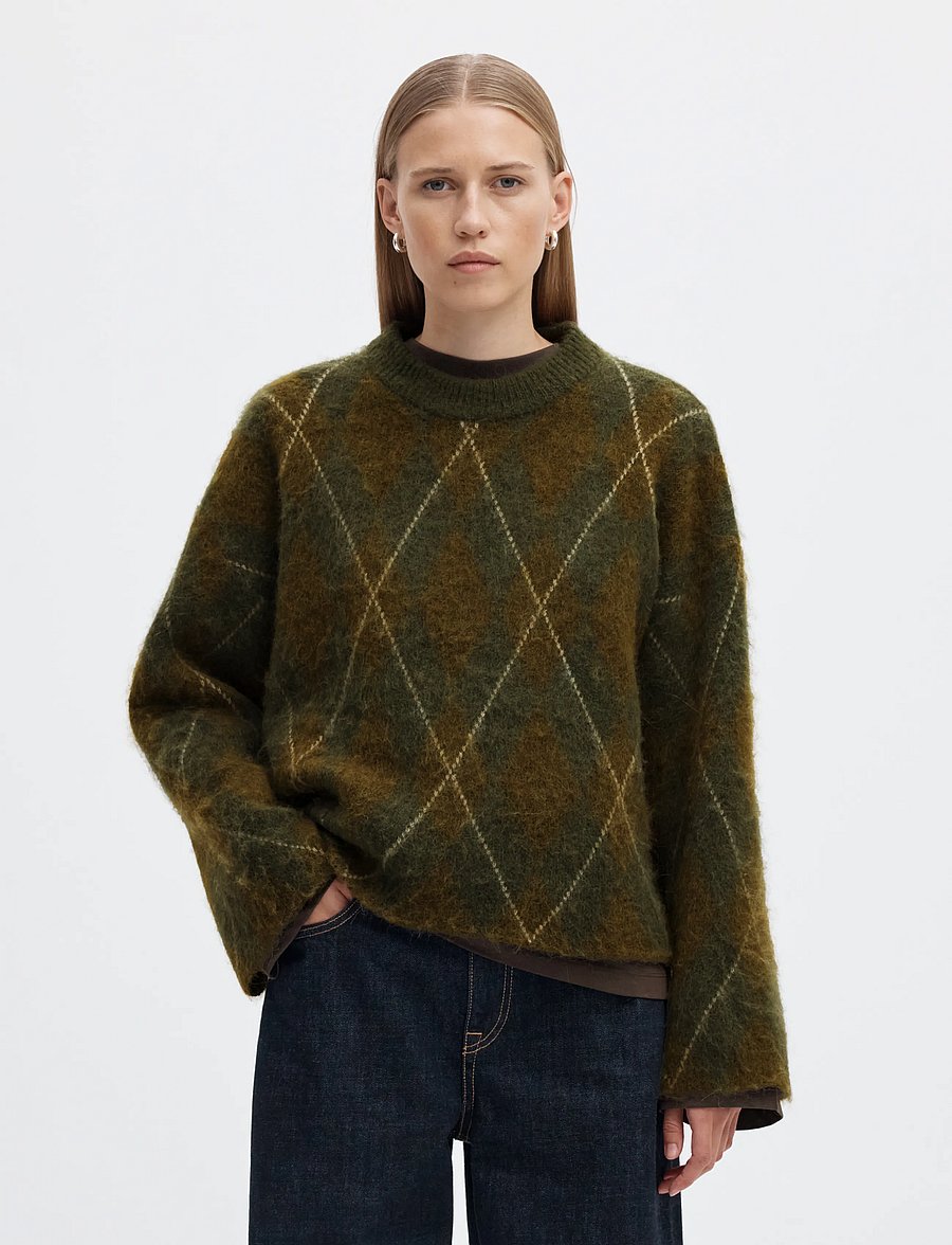 Selected - SLWLULU BRUSHED ARGYLE KNIT O-NECK NOOS - pullover - kalamata - 0