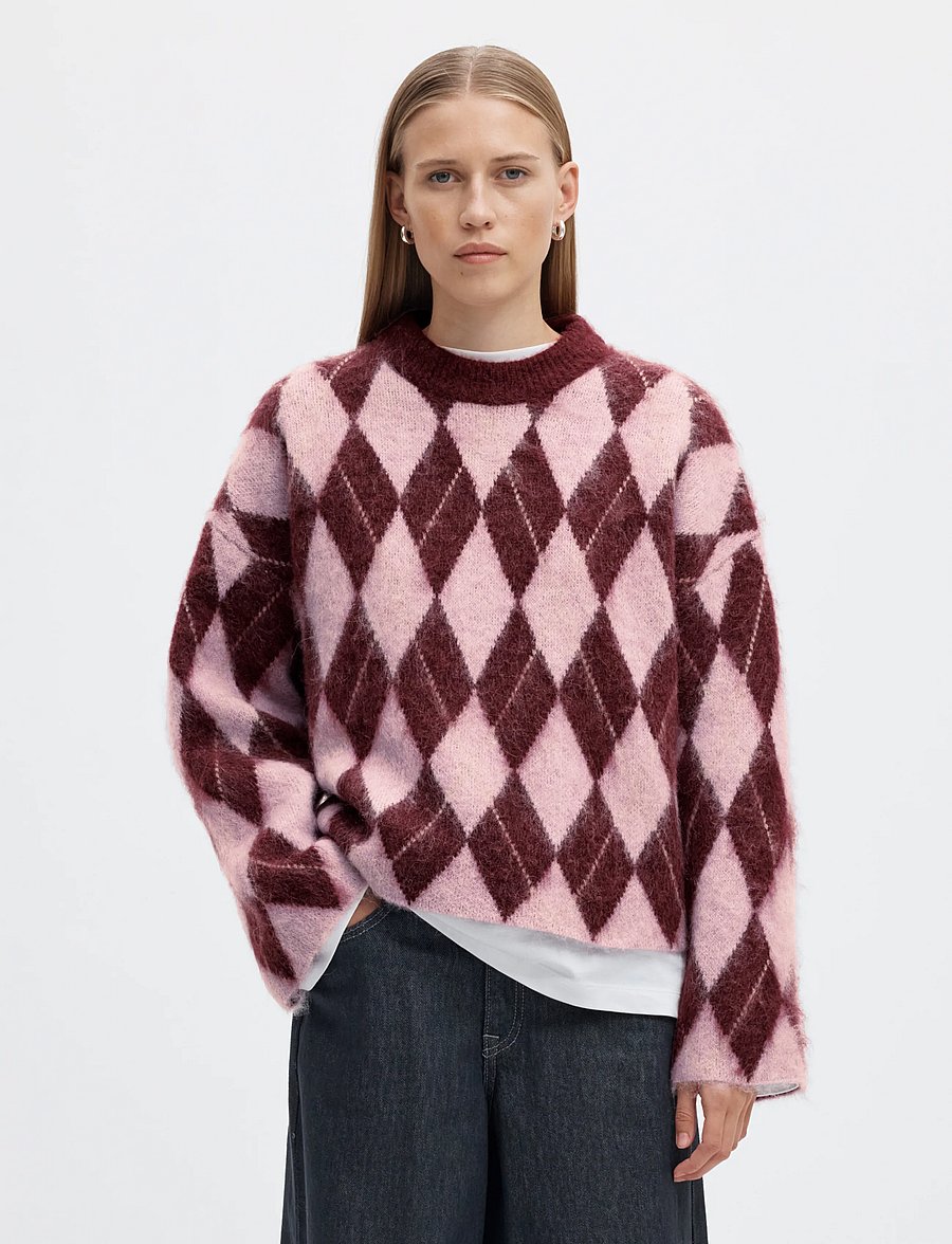 Selected - SLWLULU BRUSHED ARGYLE KNIT O-NECK NOOS - kampsunid - tawny port - 0