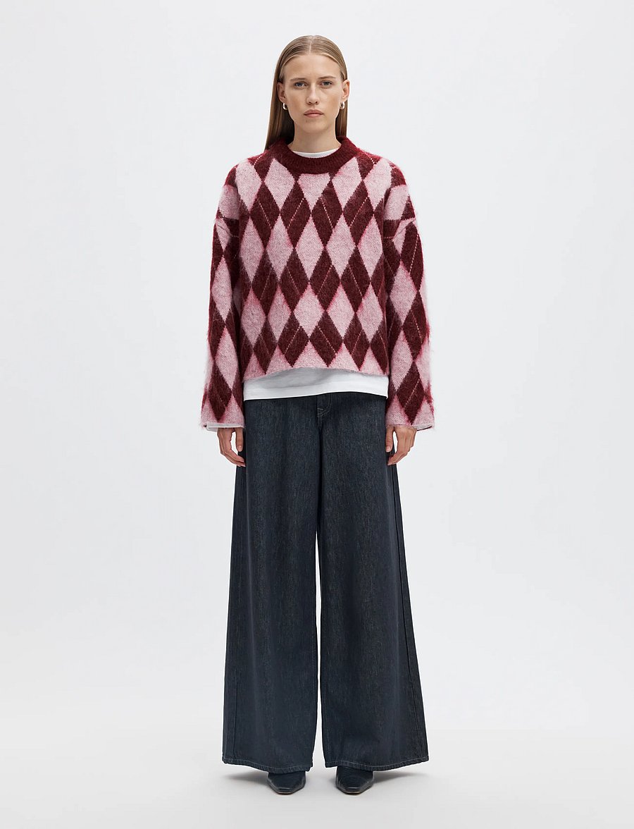 Selected - SLWLULU BRUSHED ARGYLE KNIT O-NECK NOOS - kampsunid - tawny port - 3