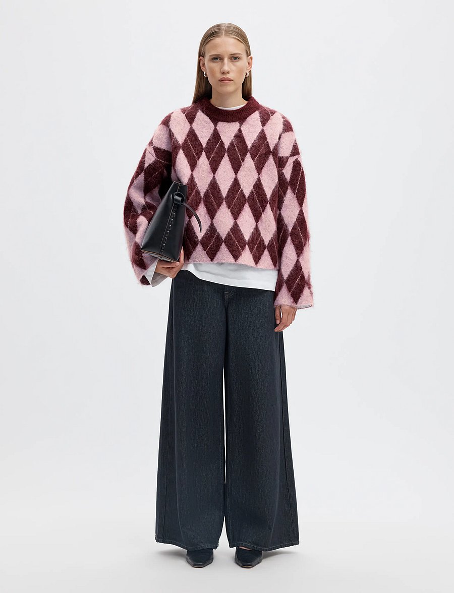 Selected - SLWLULU BRUSHED ARGYLE KNIT O-NECK NOOS - kampsunid - tawny port - 5