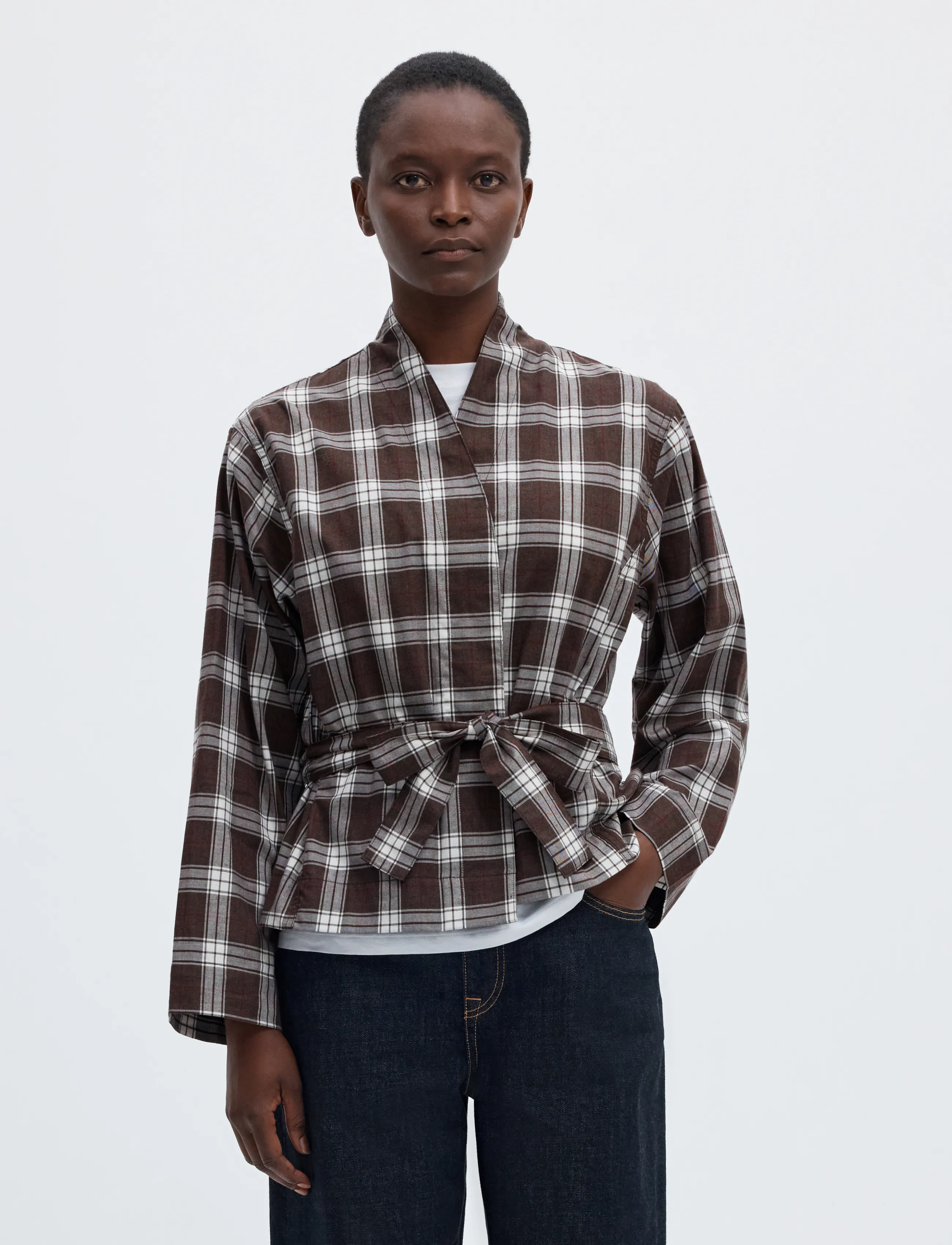 Selected SLWJAYLEN MEL LS CHECK KIMONO TOP - Blusar - DELICIOSO / brown