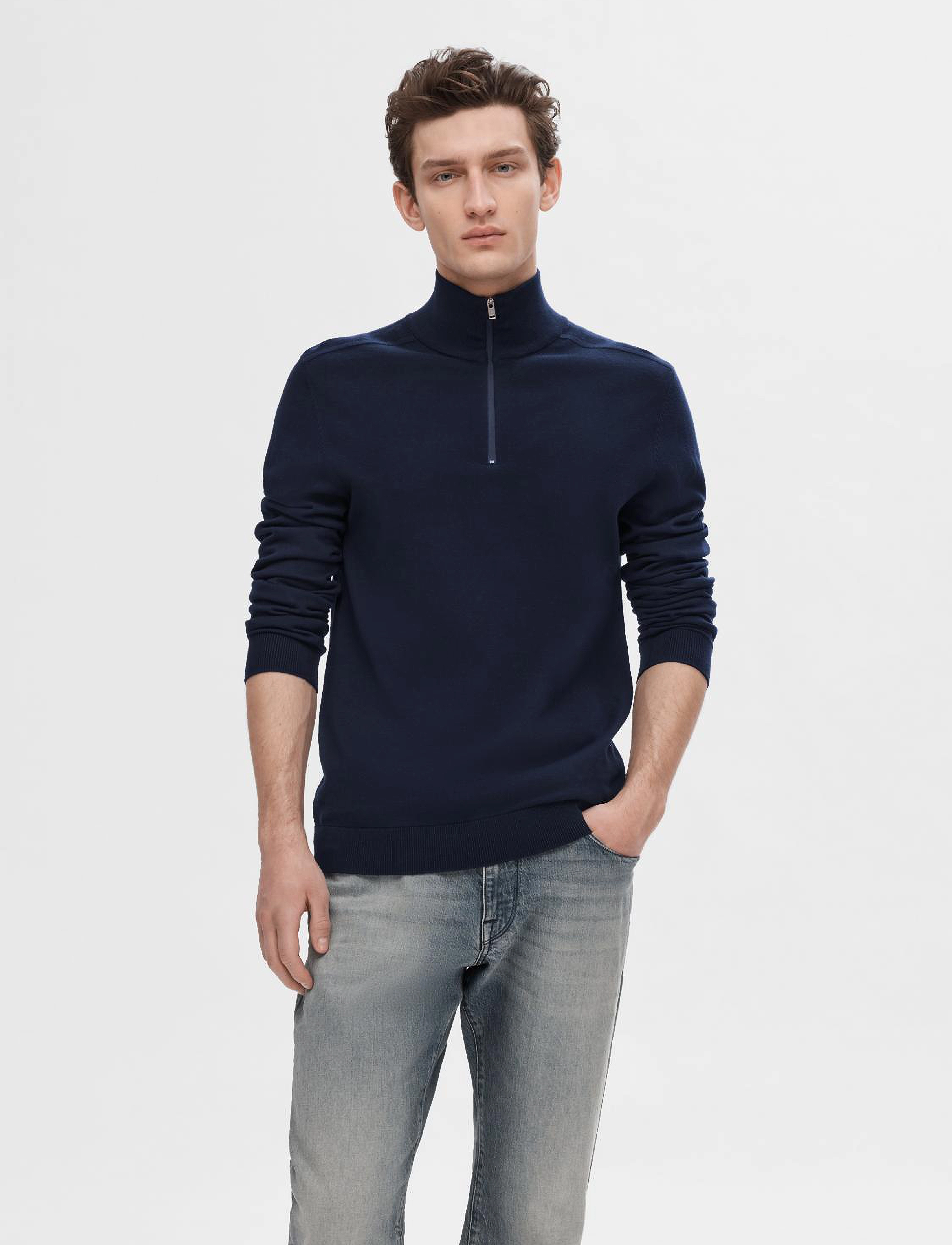 Selected Slmberg Ls Half Zip Noos, Mænd, Halv Lynlås Cardigan, Navy, Str: XL