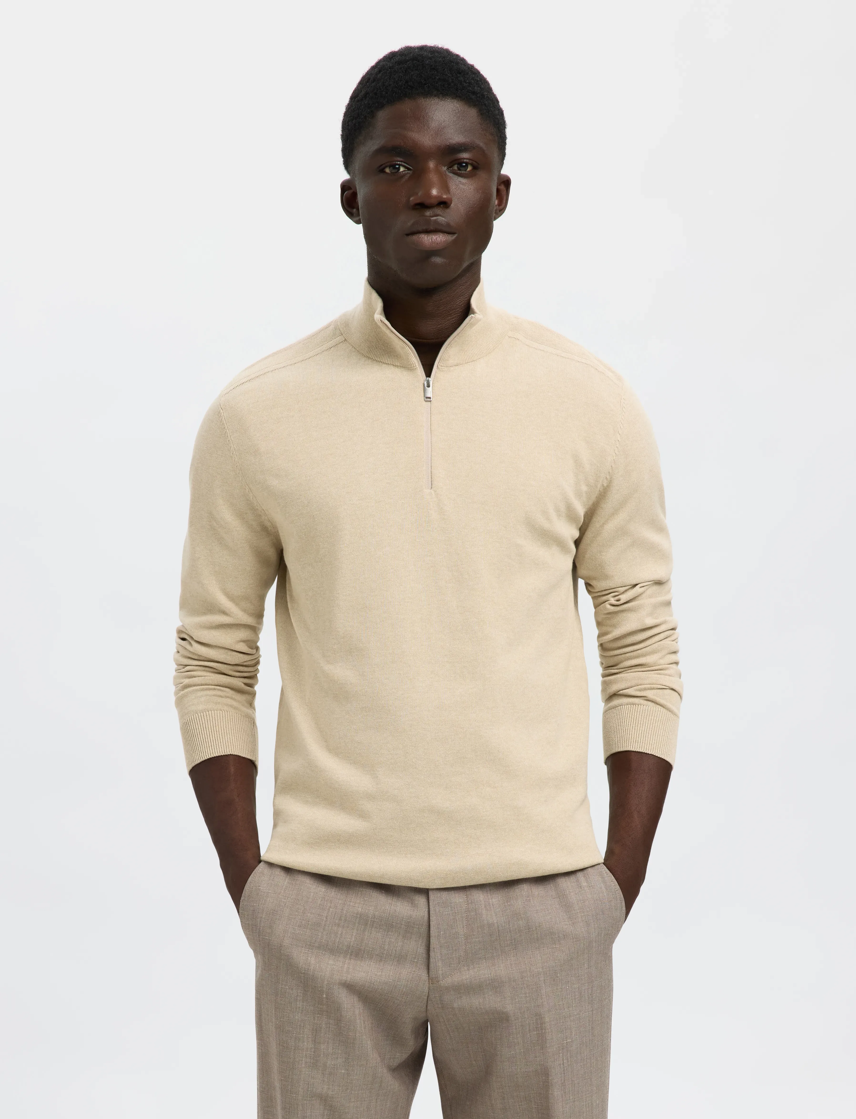 Selected Slmberg Ls Half Zip Noos, Mænd, Halv Lynlås Cardigan, Beige, Str: L