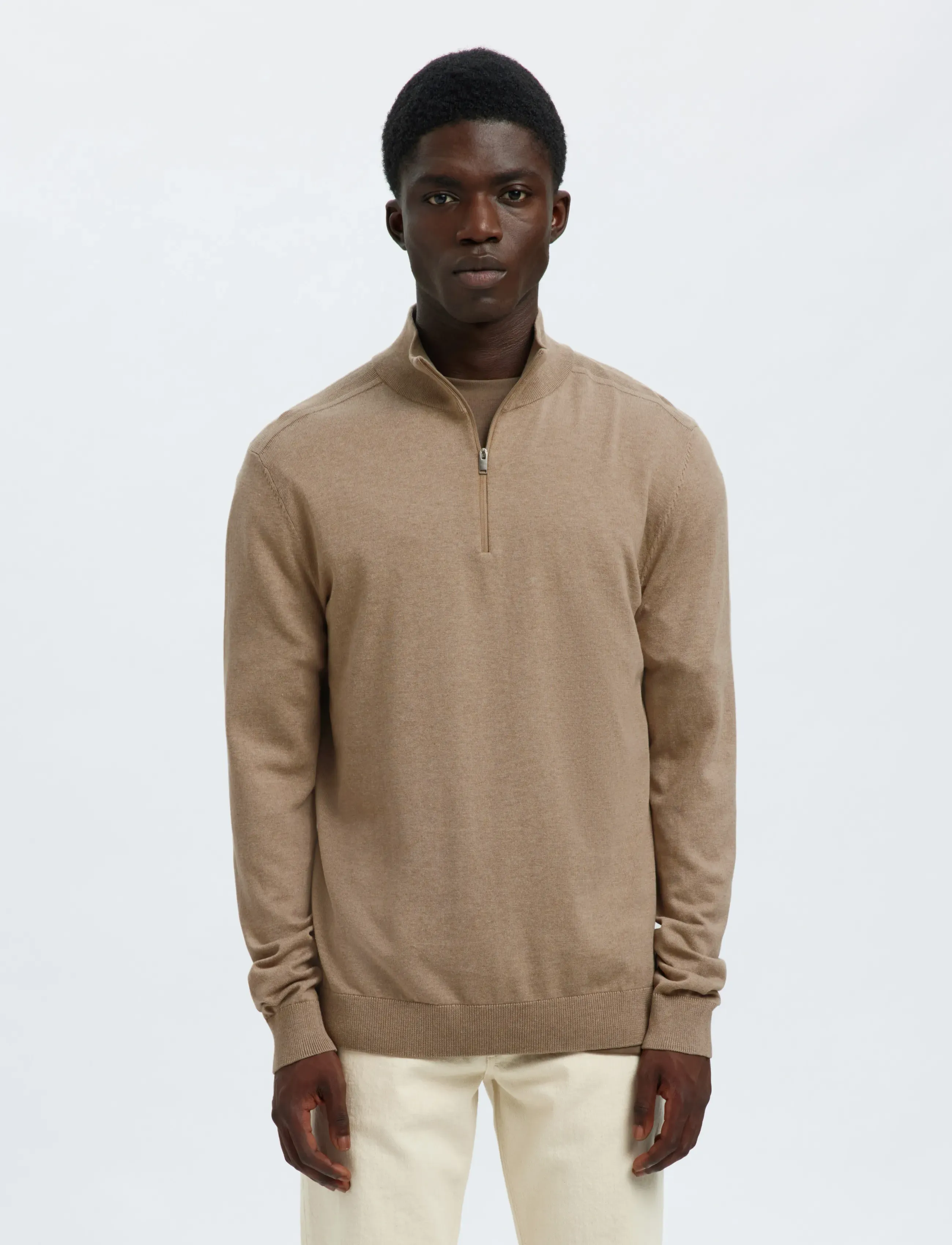 Selected Slmberg Ls Half Zip Noos, Mænd, Halv Lynlås Cardigan, Beige, Str: L