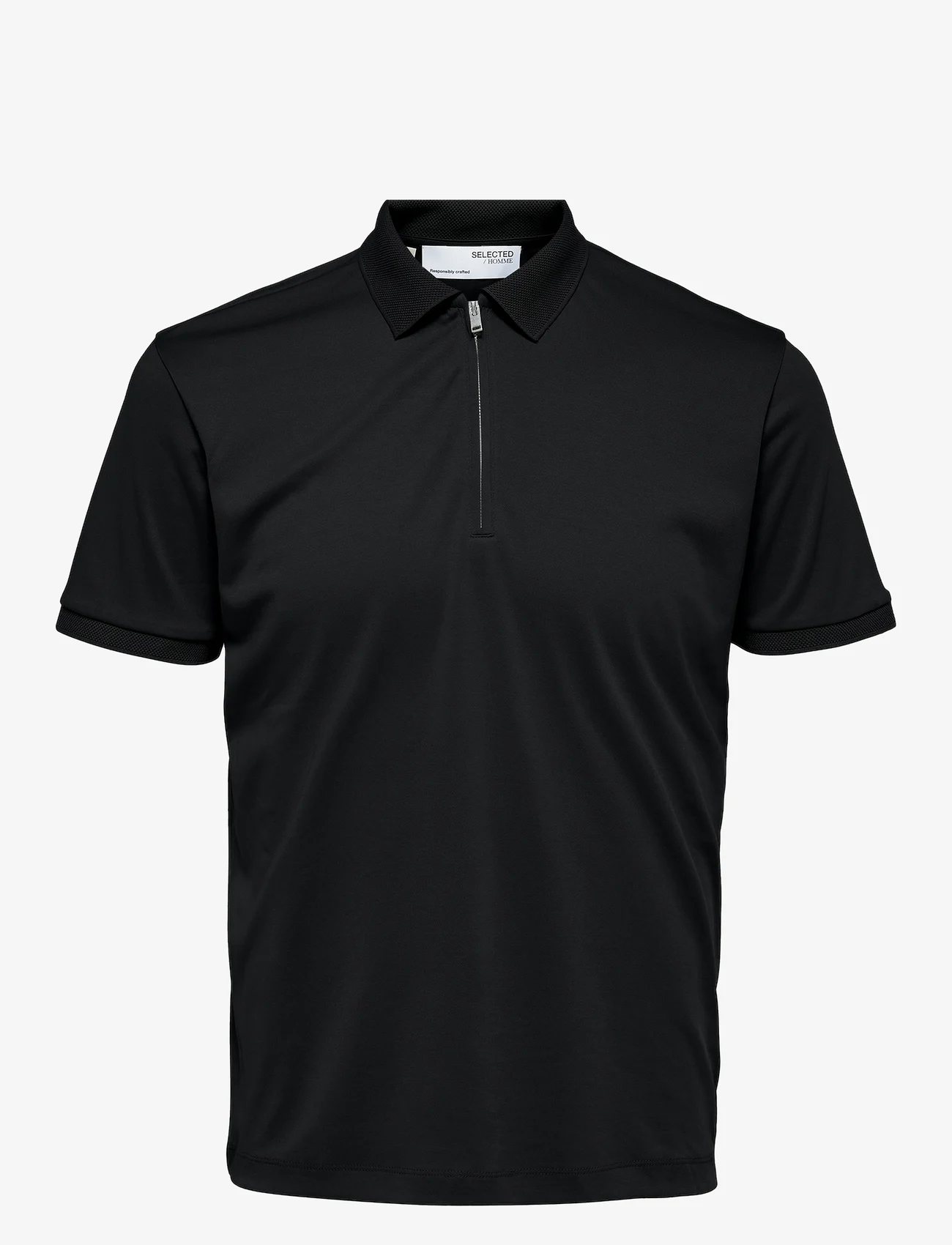 Selected Homme - SLHFAVE ZIP SS POLO NOOS - polo shirts - black - 0