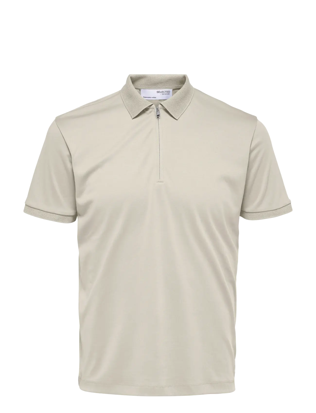 SLHFAVE ZIP SS POLO - OATMEAL