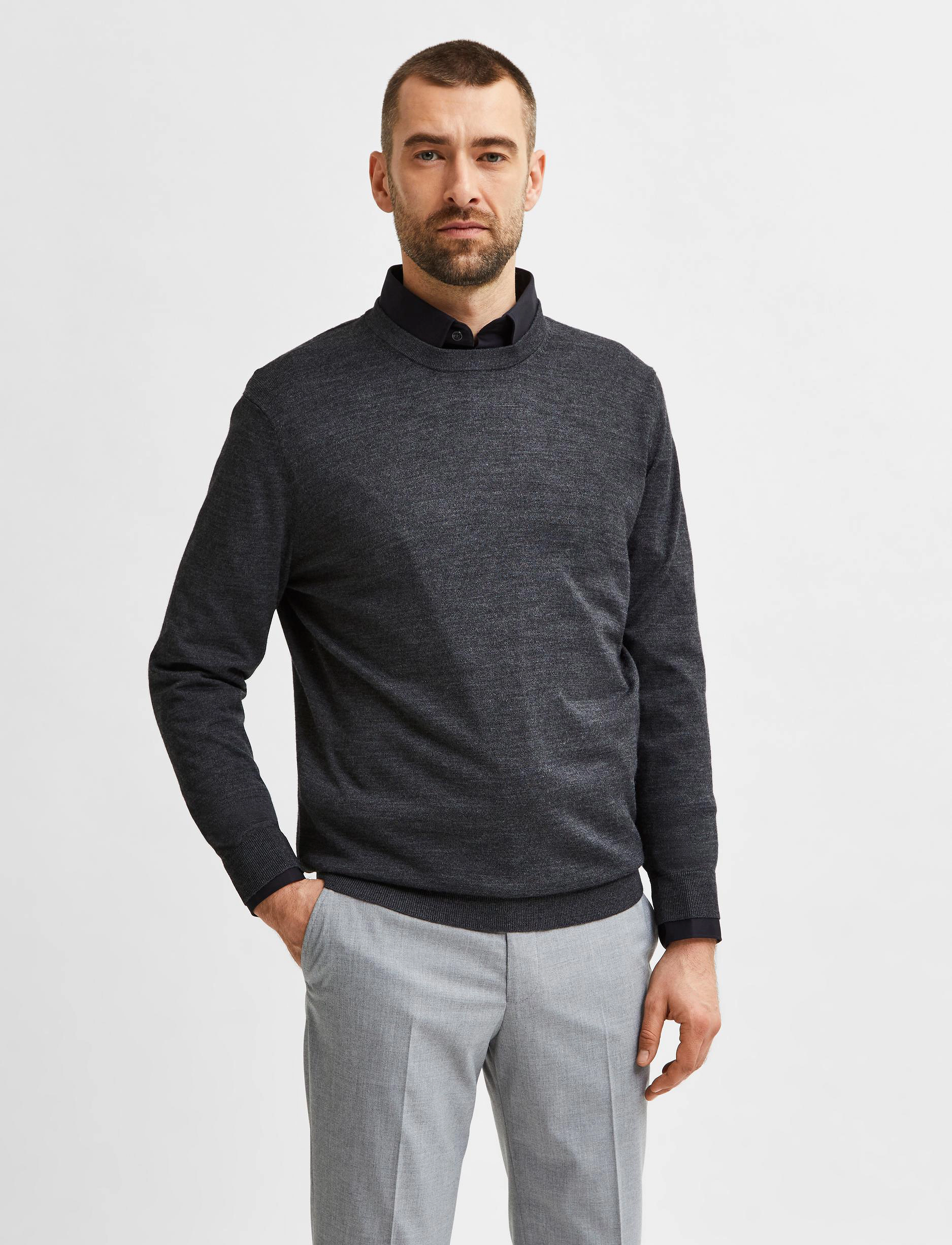 Selected - SLHTOWN MERINO COOLMAX KNIT CREW B - medium grey melange - 0