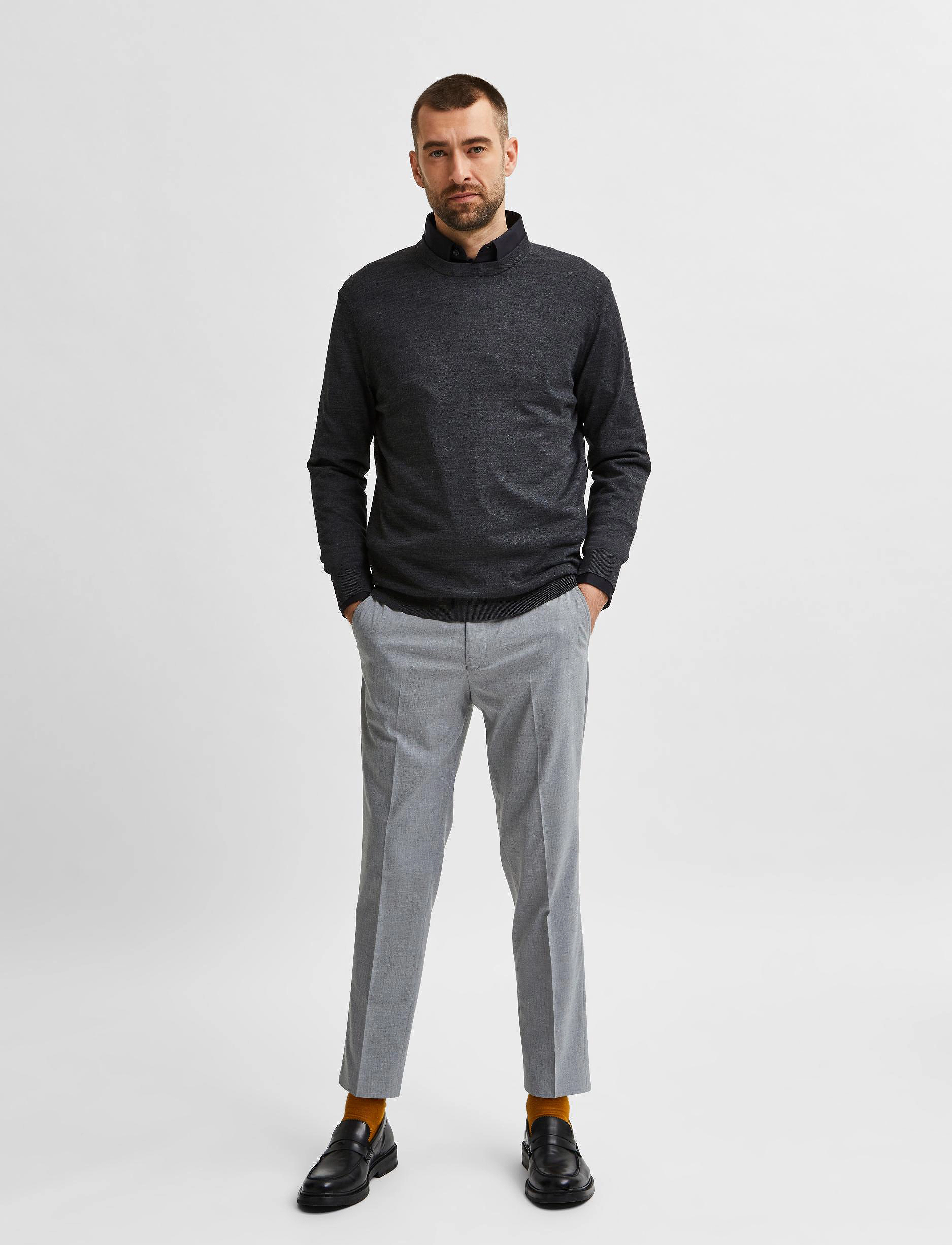 Selected - SLHTOWN MERINO COOLMAX KNIT CREW B - medium grey melange - 4