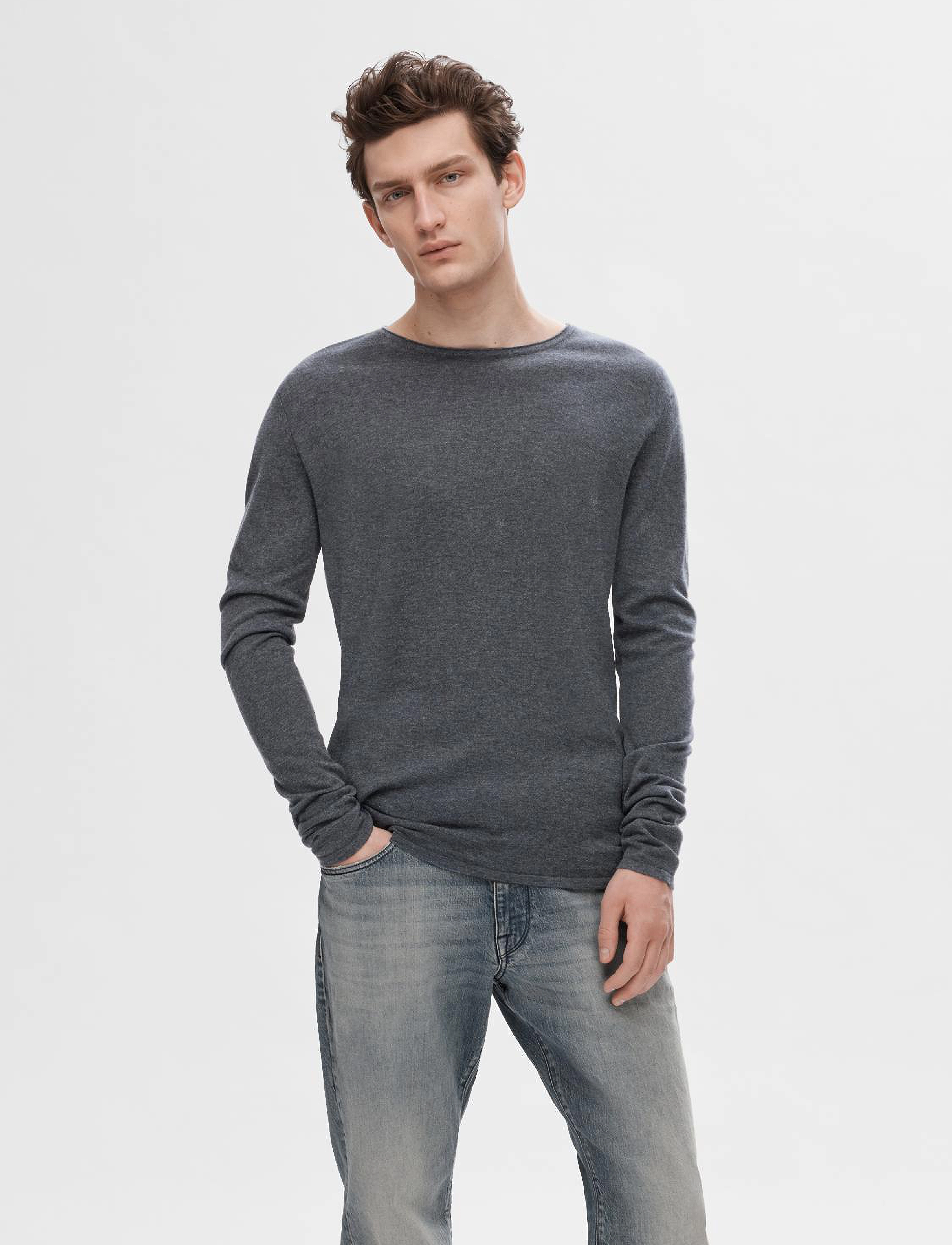 Selected Slhrome Ls Knit Crew Neck, XXL, Black, Strik > Runde Halse, Herre