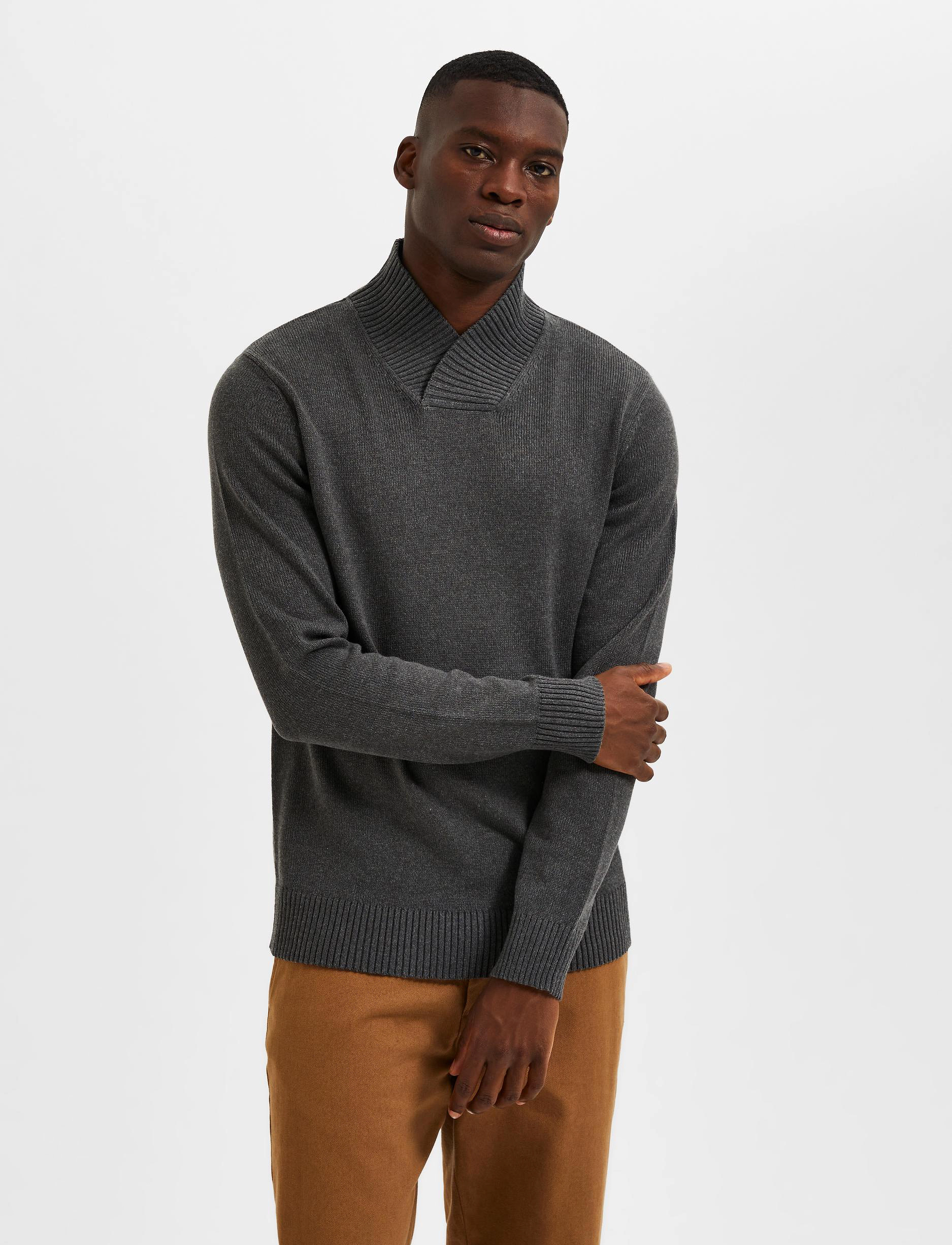 Selected Homme - SLHHANS LS SHAWL-NECK W - dark grey melange - 1