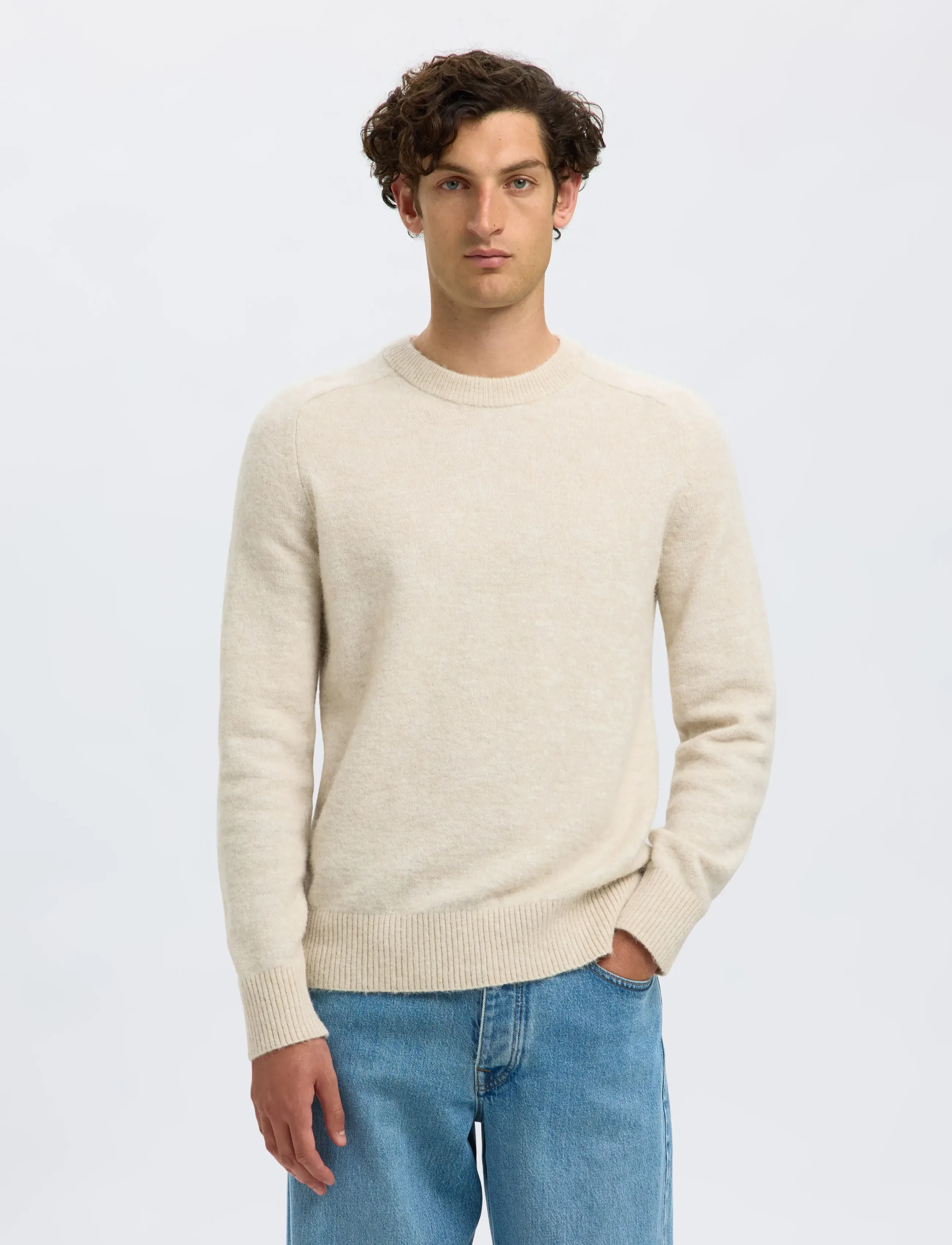 Selected SLHRAI LS KNIT CREW NECK NOOS - Looks for less - OATMEAL / cream
