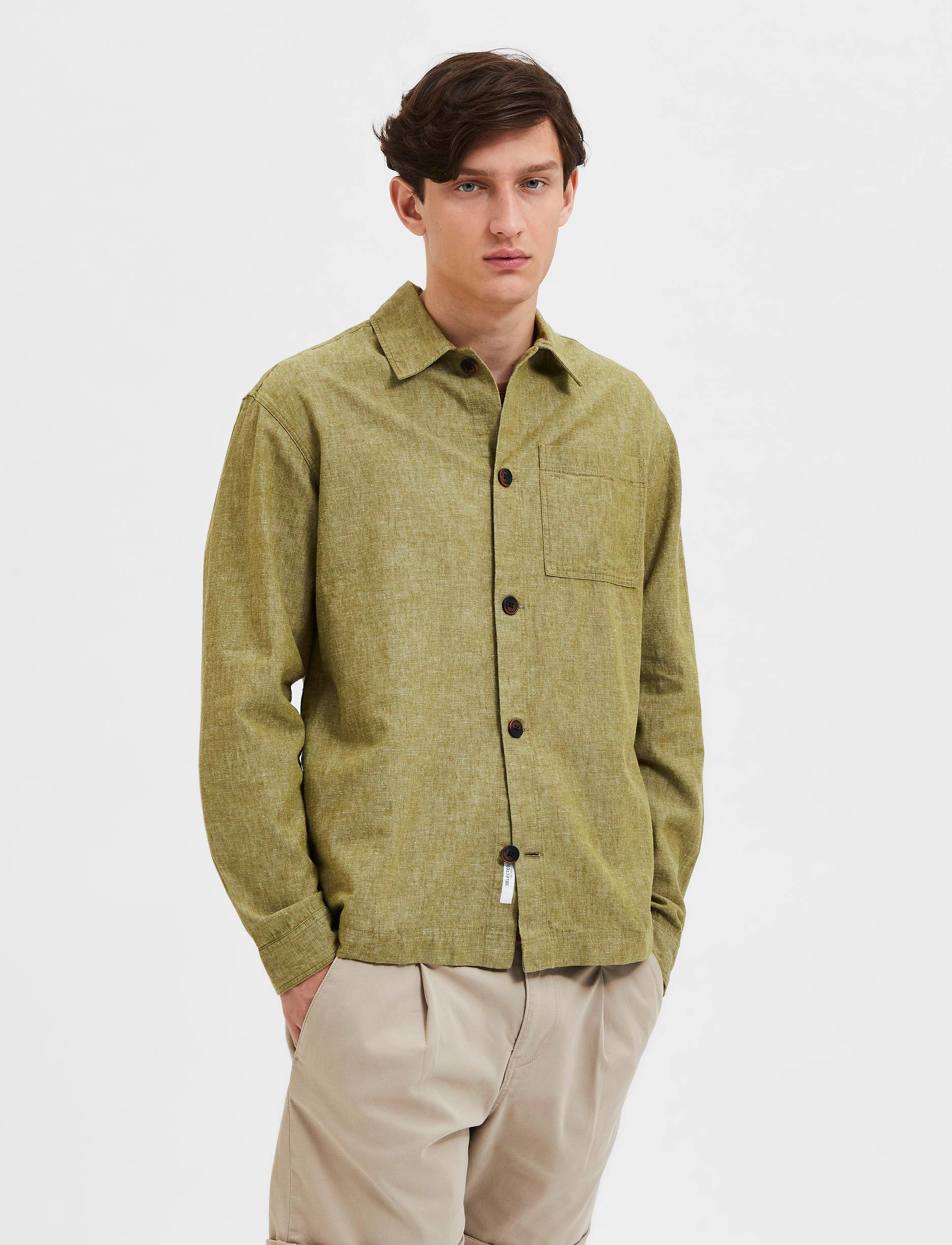 Selected Homme - SLHLOOSEBLAS-LINEN OVERSHIRT LS W - olive branch - 2