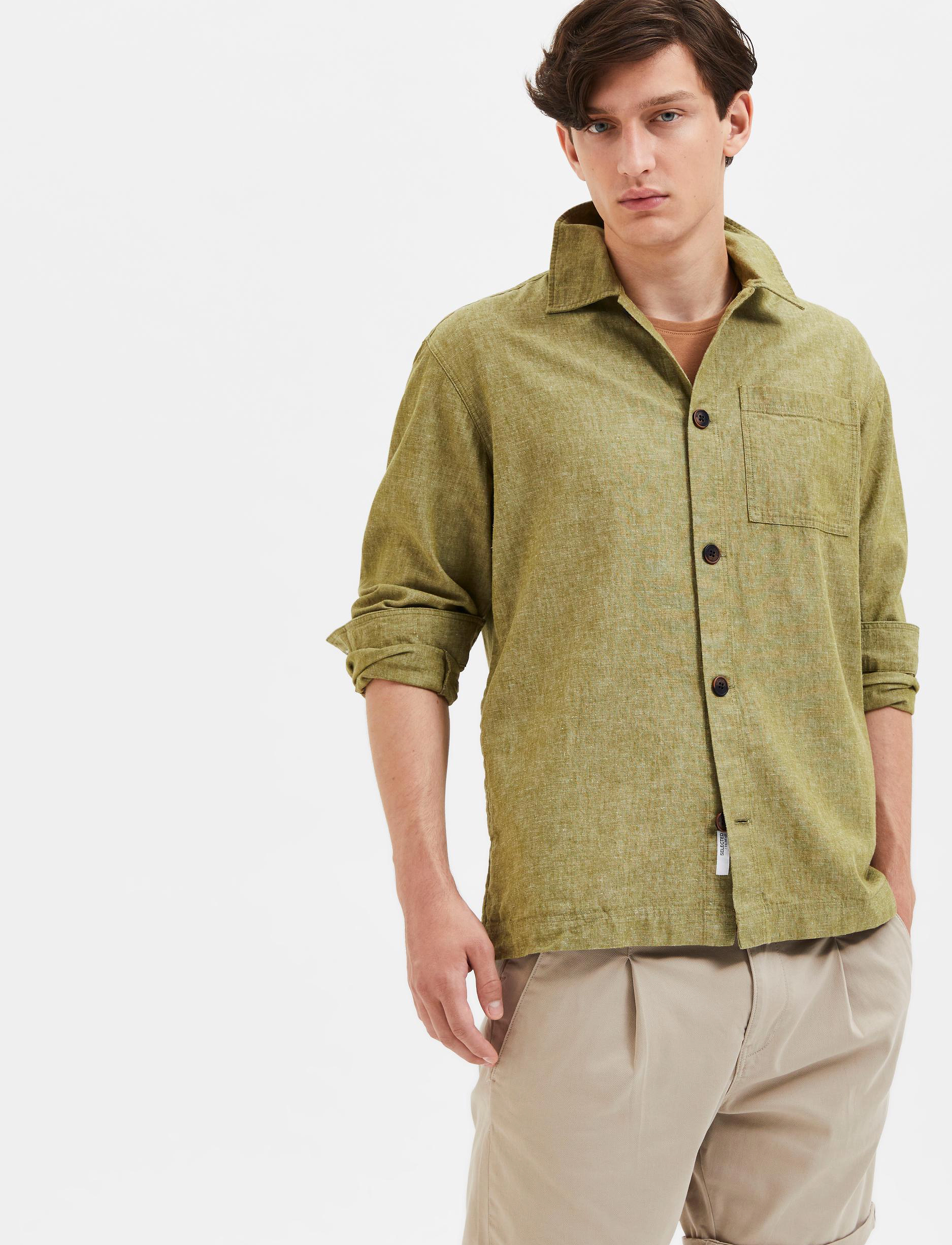Selected Homme - SLHLOOSEBLAS-LINEN OVERSHIRT LS W - olive branch - 4