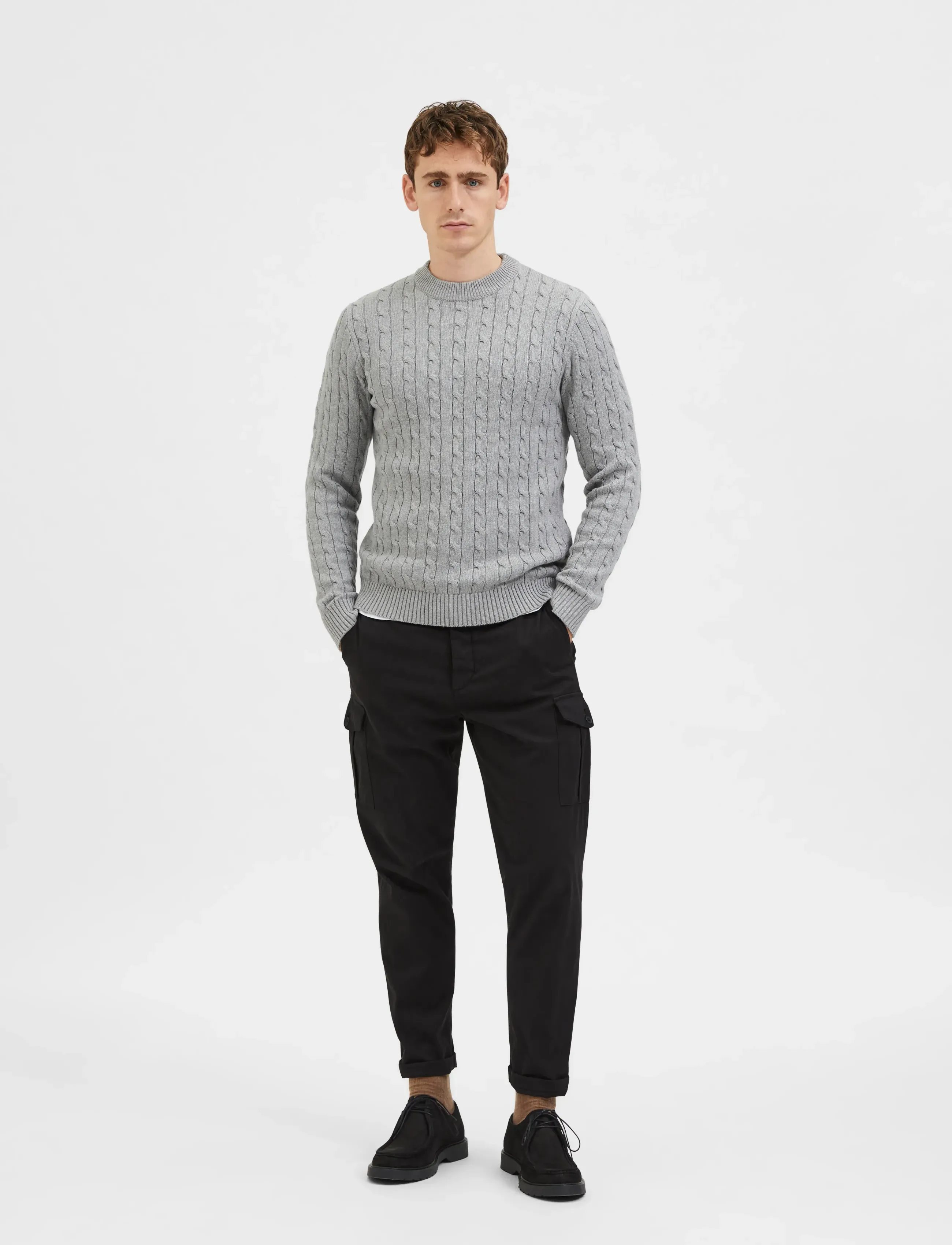 Selected Slhryan Structure Crew Neck, Mænd, Kabelstrikket Rundhals Sweater, Grå, Str: XXL