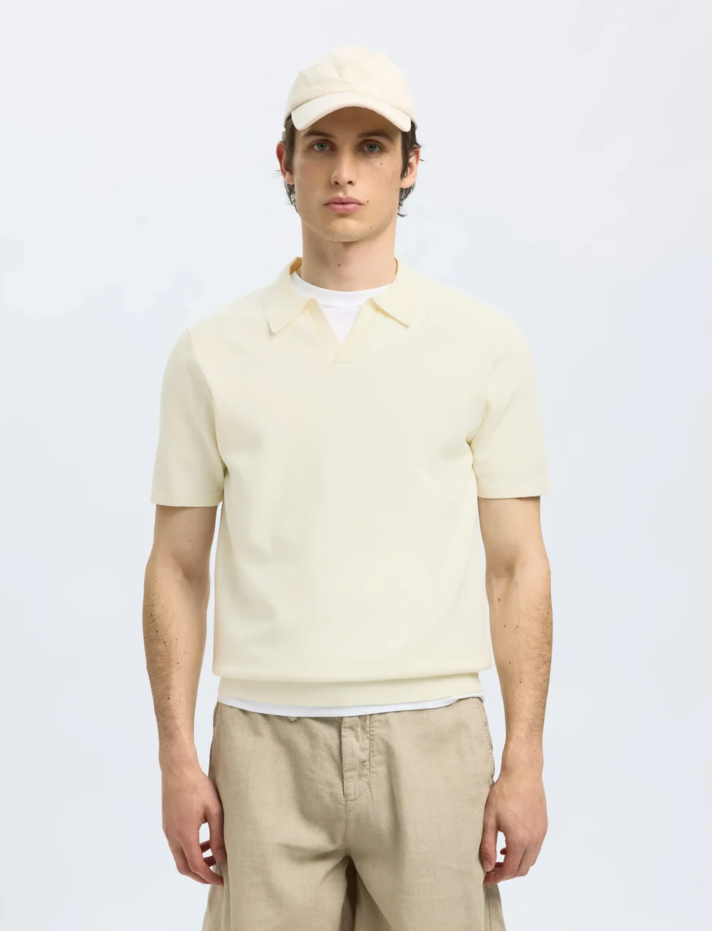 Selected - SLHTELLER SS KNIT POLO NOOS - stickade pikéer - egret - 0