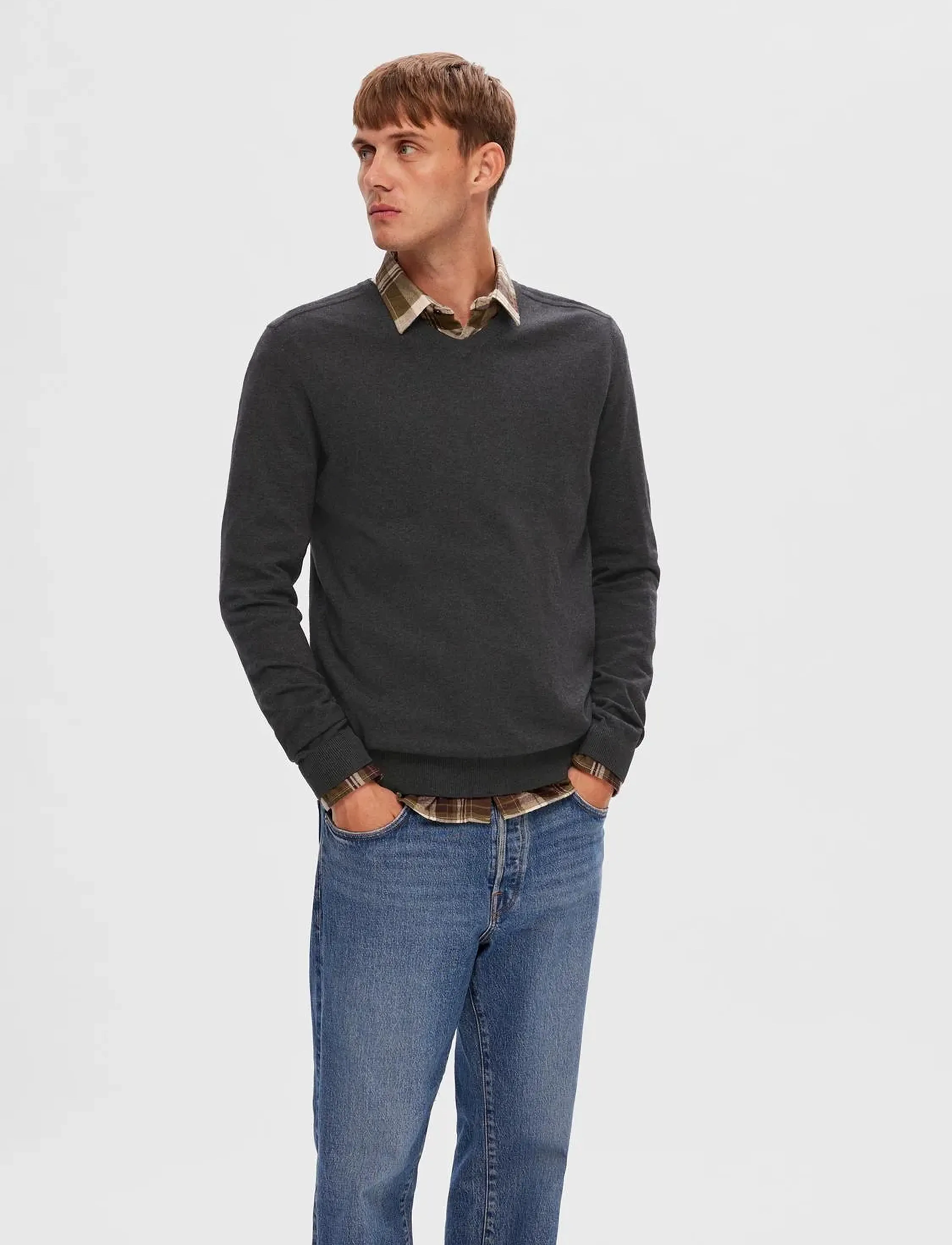 Selected SLHBERG LS KNIT V-NECK NOOS - Kollektionen - ANTRACIT / grey