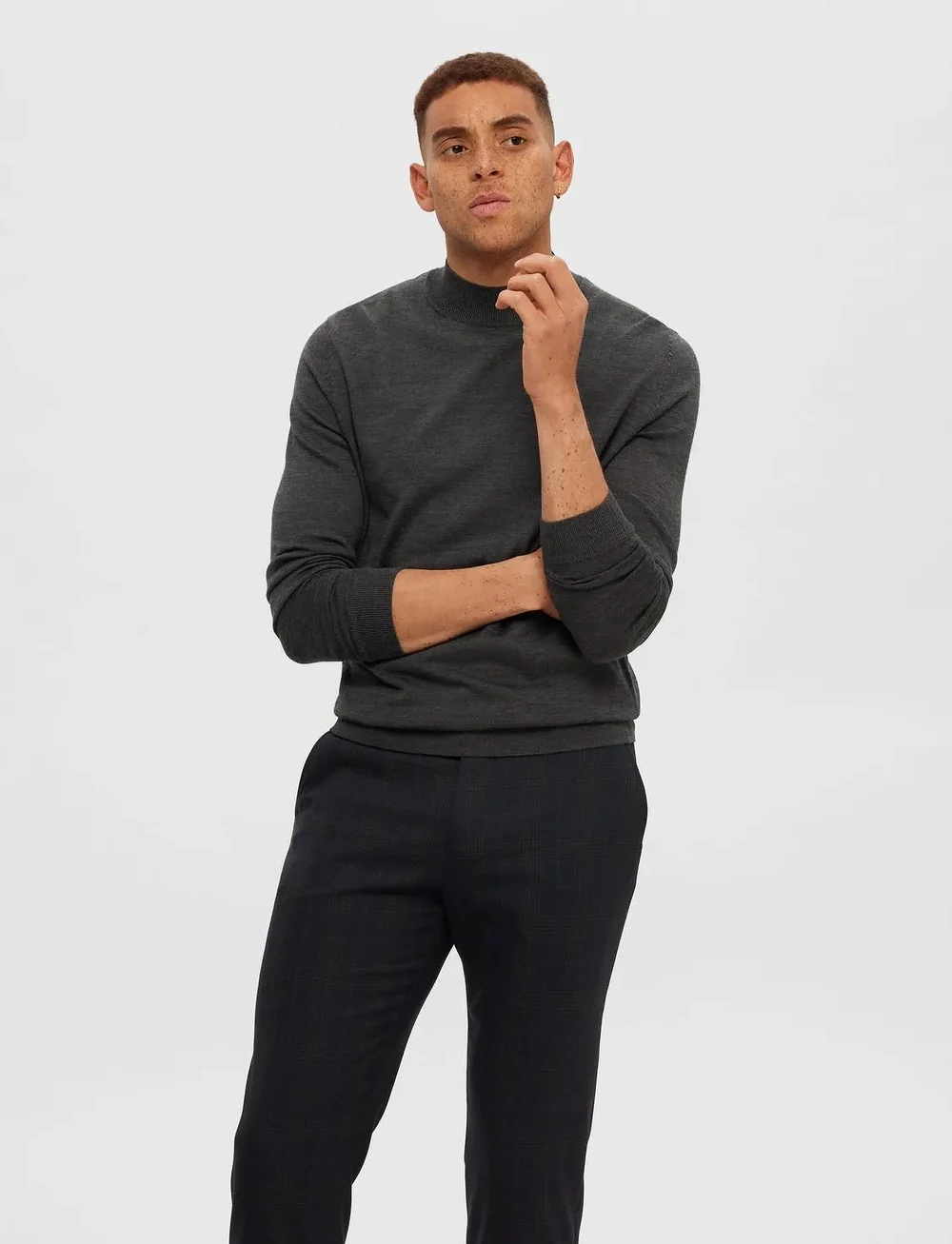 Selected - SLHTOWN MERINO COOLMAX KNIT MOCK B NOOS - kõrge kaelusega džemprid - medium grey melange - 0