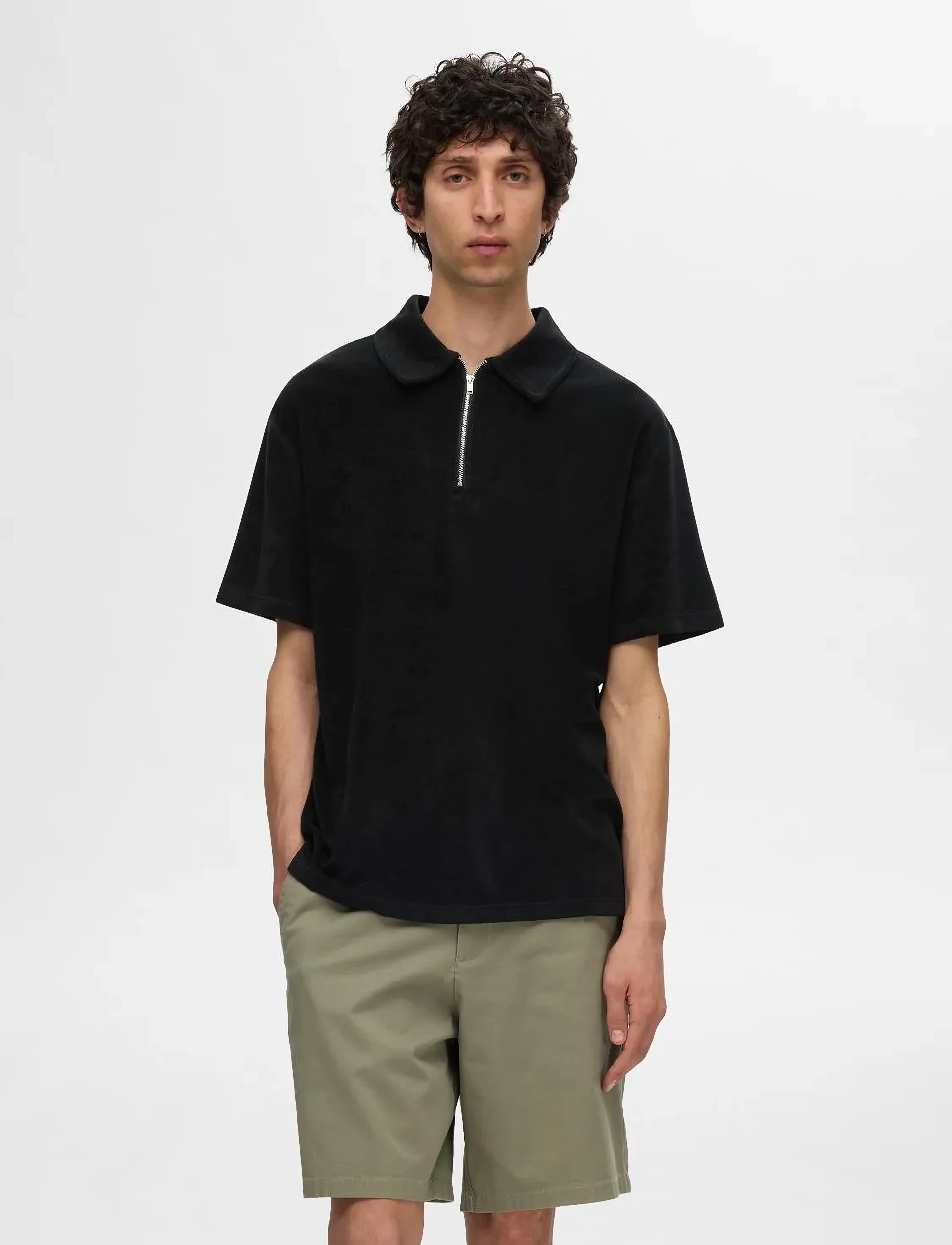 Selected Slhrelax-Terry Ss Zip Polo Ex, L, Black, Poloer > Kortærmede, Herre