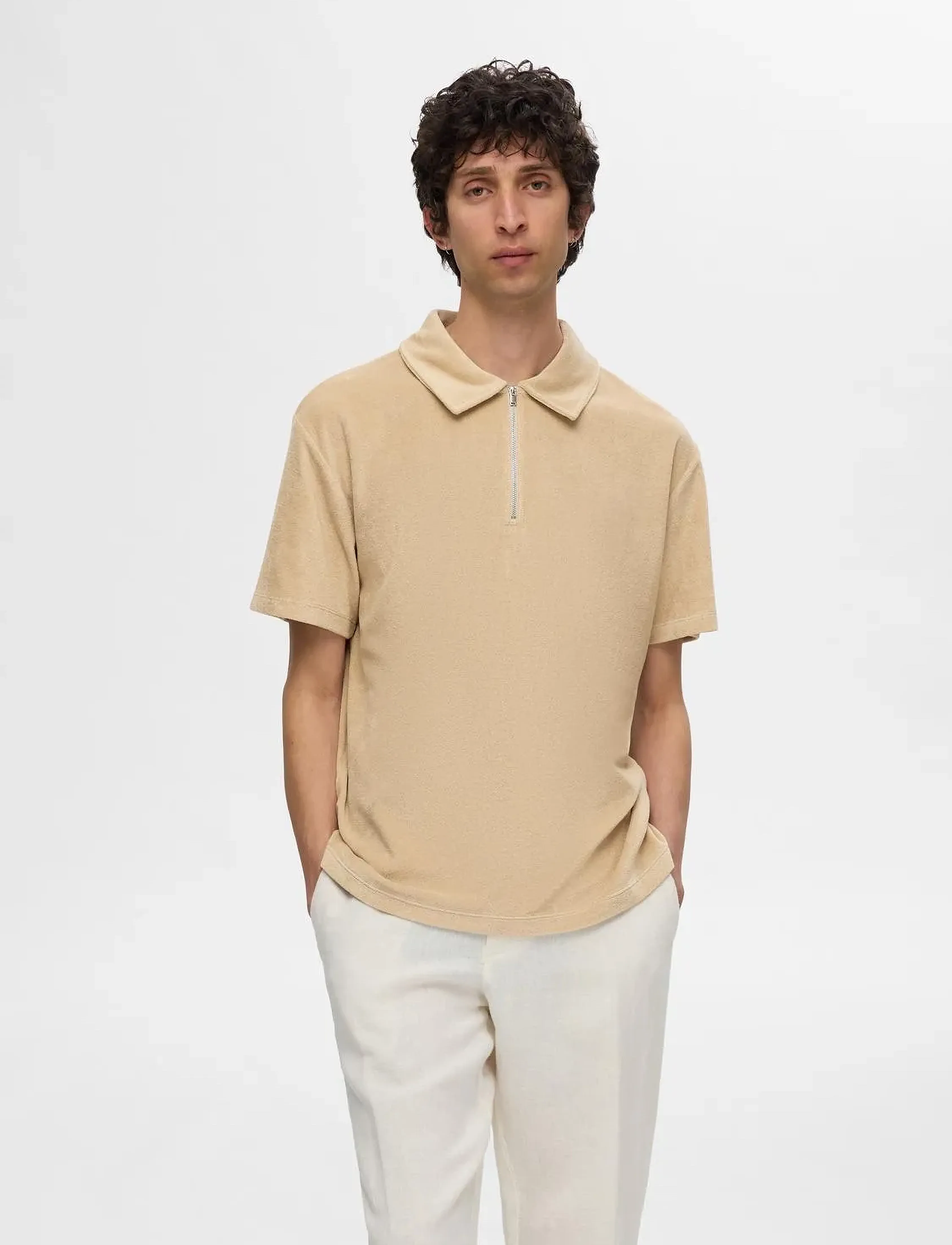 Selected SLHRELAX-TERRY SS ZIP POLO EX - Poloer - PURE CASHMERE / beige