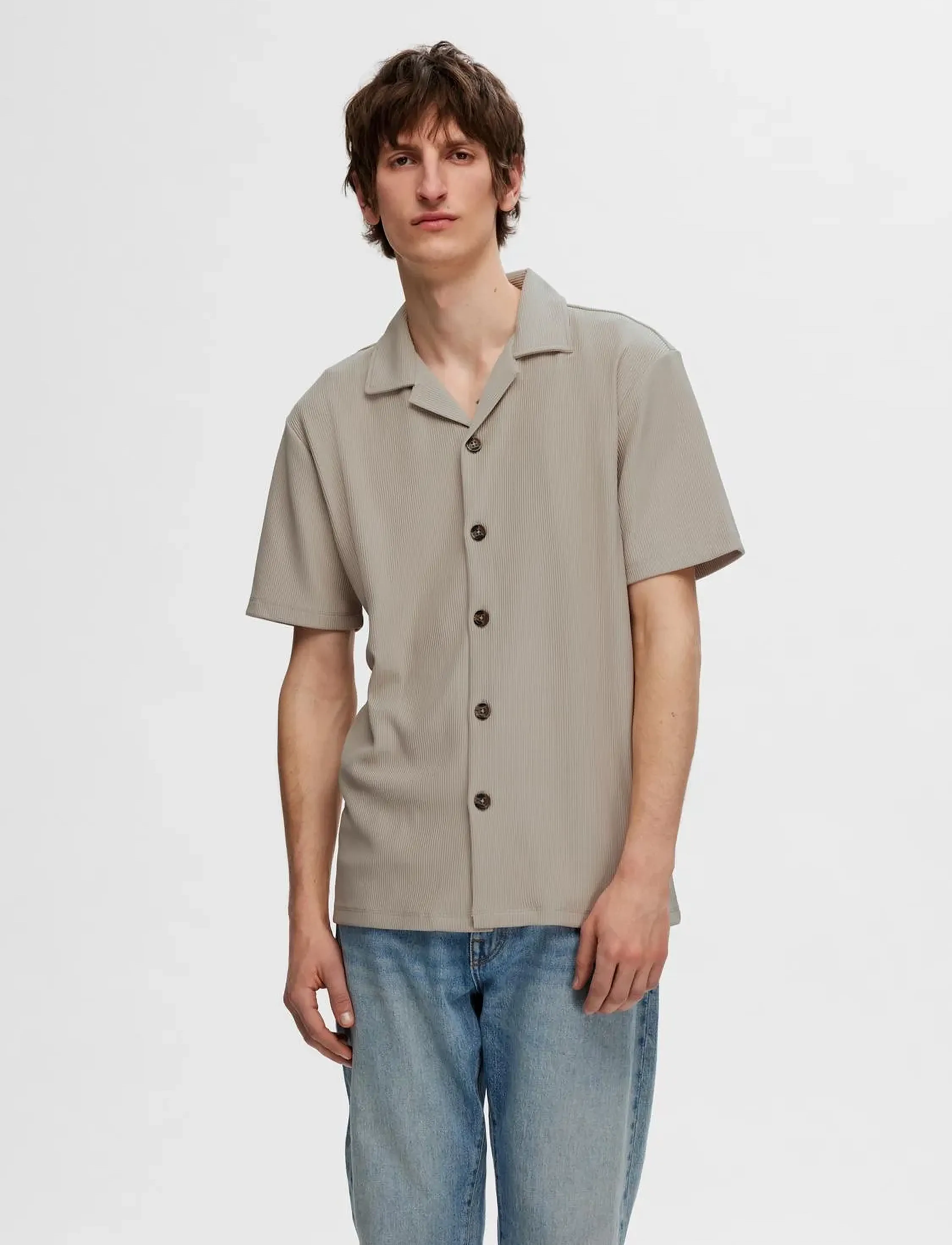 Selected Slhloose-Plisse Resort Ss Shirt Ex, Mænd, Kortærmet Plissé Resortskjorte, Beige, Str: L