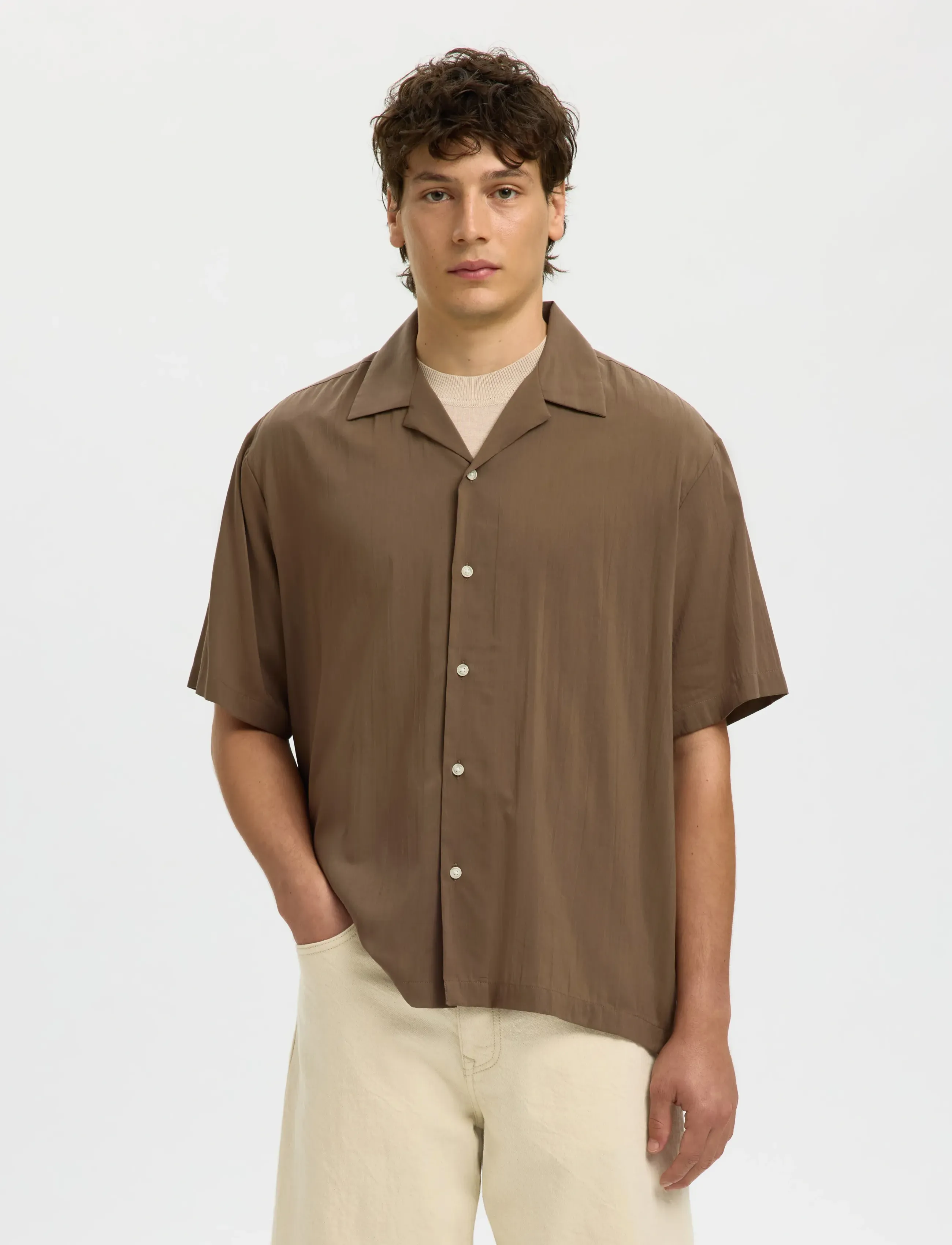 Selected SLHRLXAIR MIX SS SHIRT - Riided - CHOCOLATE CHIP / khaki/green
