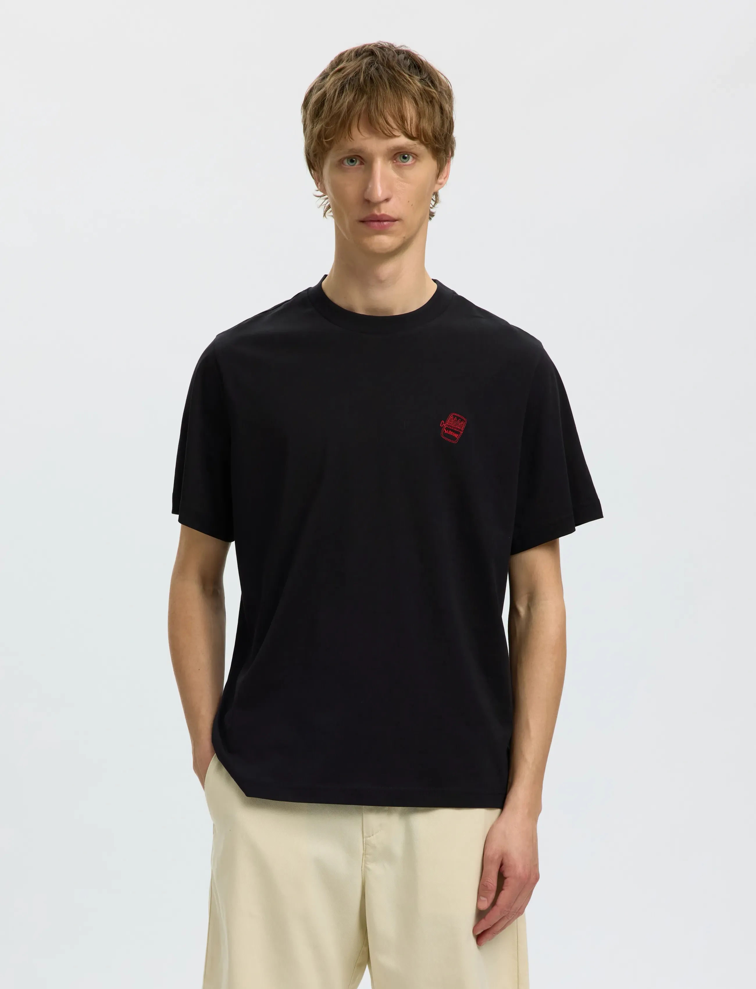Selected Slhreg-Ripley Ss Emb Tee Ex, M, T-shirts, Schwarz - Short-sleeved, Männerswear