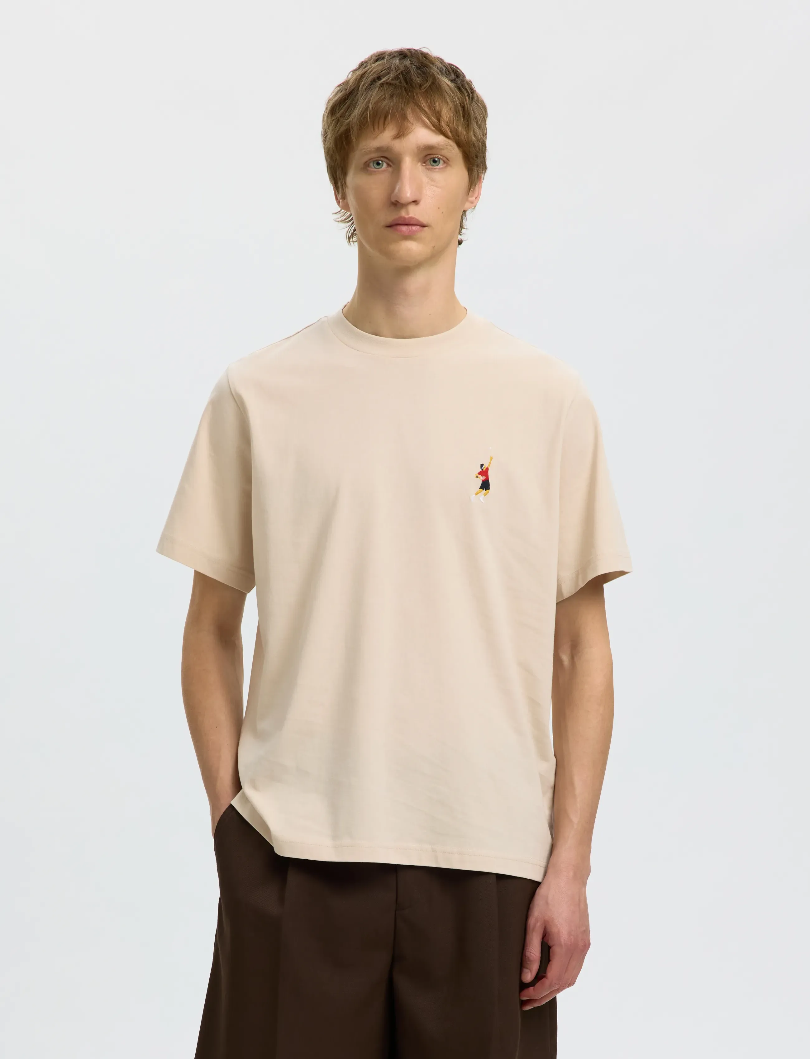 Selected Slhreg-Ripley Ss Emb Tee Ex, M, T-shirts, Creme - Short-sleeved, Männerswear