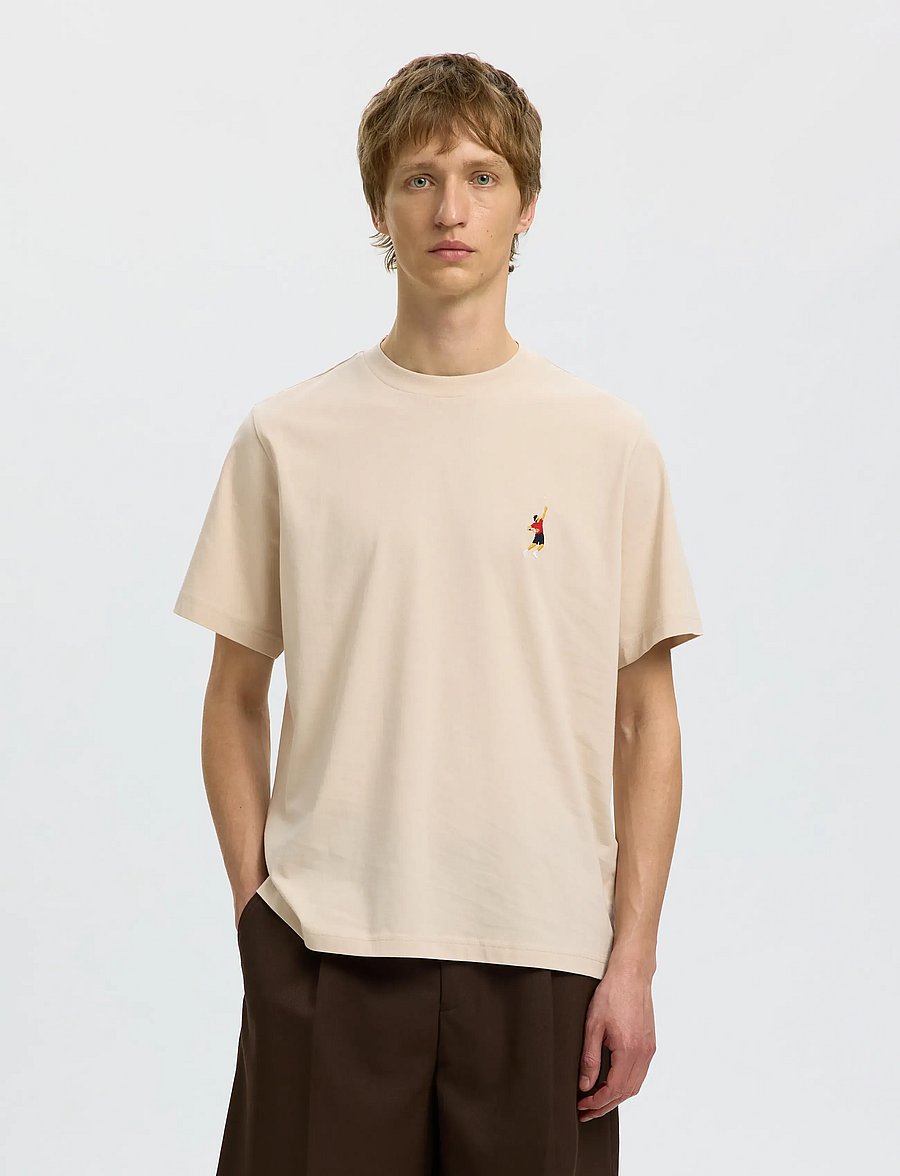 Selected - SLHREG-RIPLEY SS EMB TEE EX - kurzärmelige t-shirts - oatmeal - 0