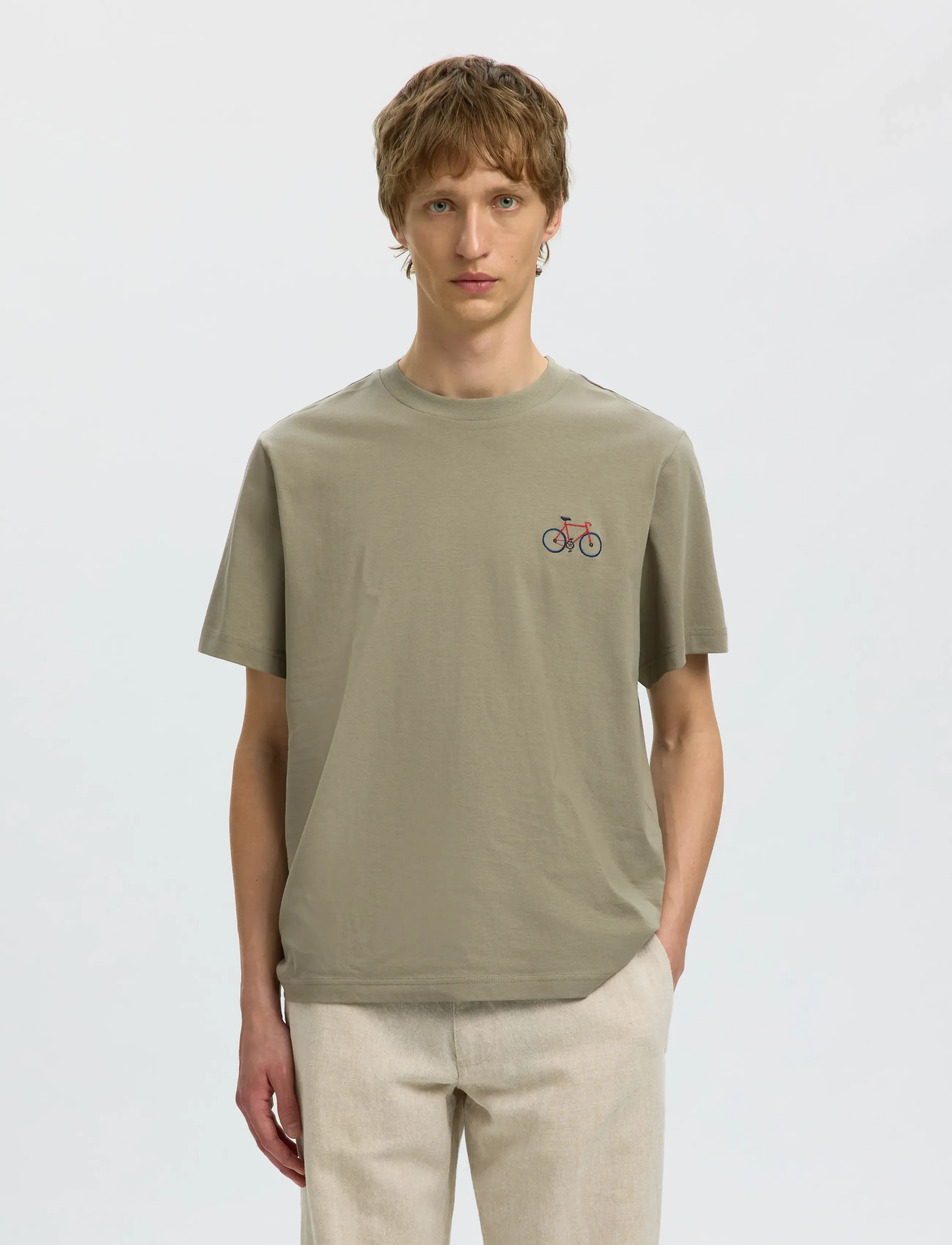 Selected SLHREG-RIPLEY SS EMB TEE EX - Tøj - VETIVER / khaki/green