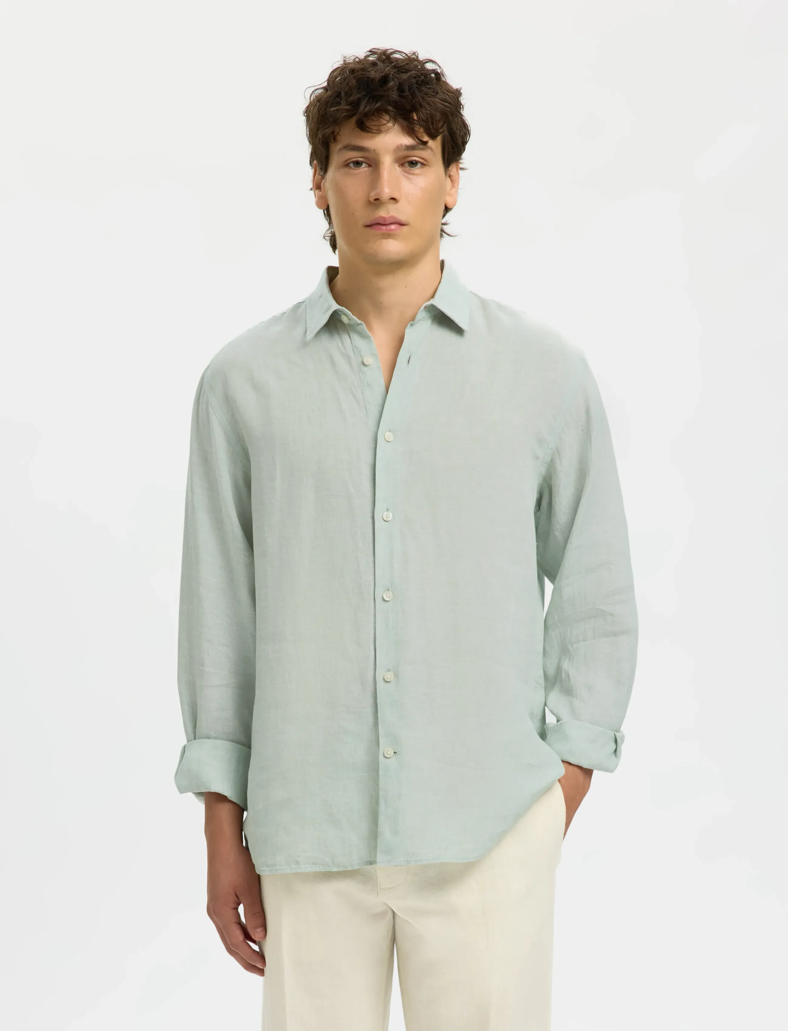 Selected SLMREGCLAUS KYLIAN LINEN LS SHIRT NOOS - Shirts - AQUA GRAY / green
