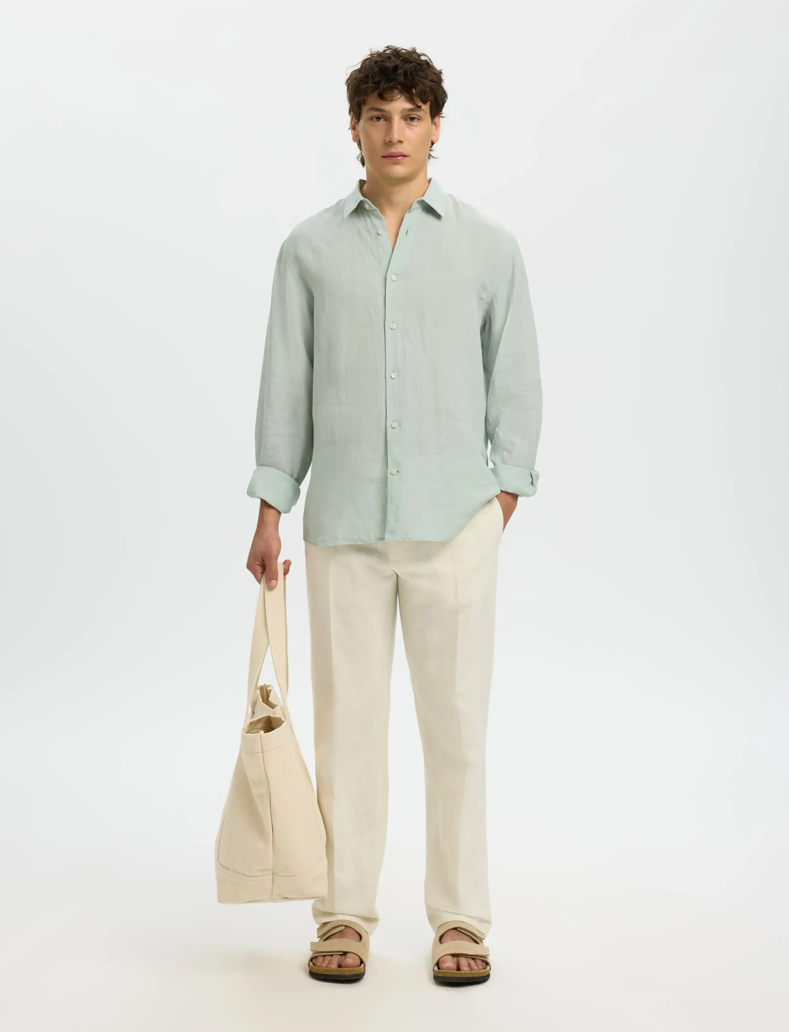Selected - SLMREGCLAUS KYLIAN LINEN LS SHIRT NOOS - hørskjorter - aqua gray - 5