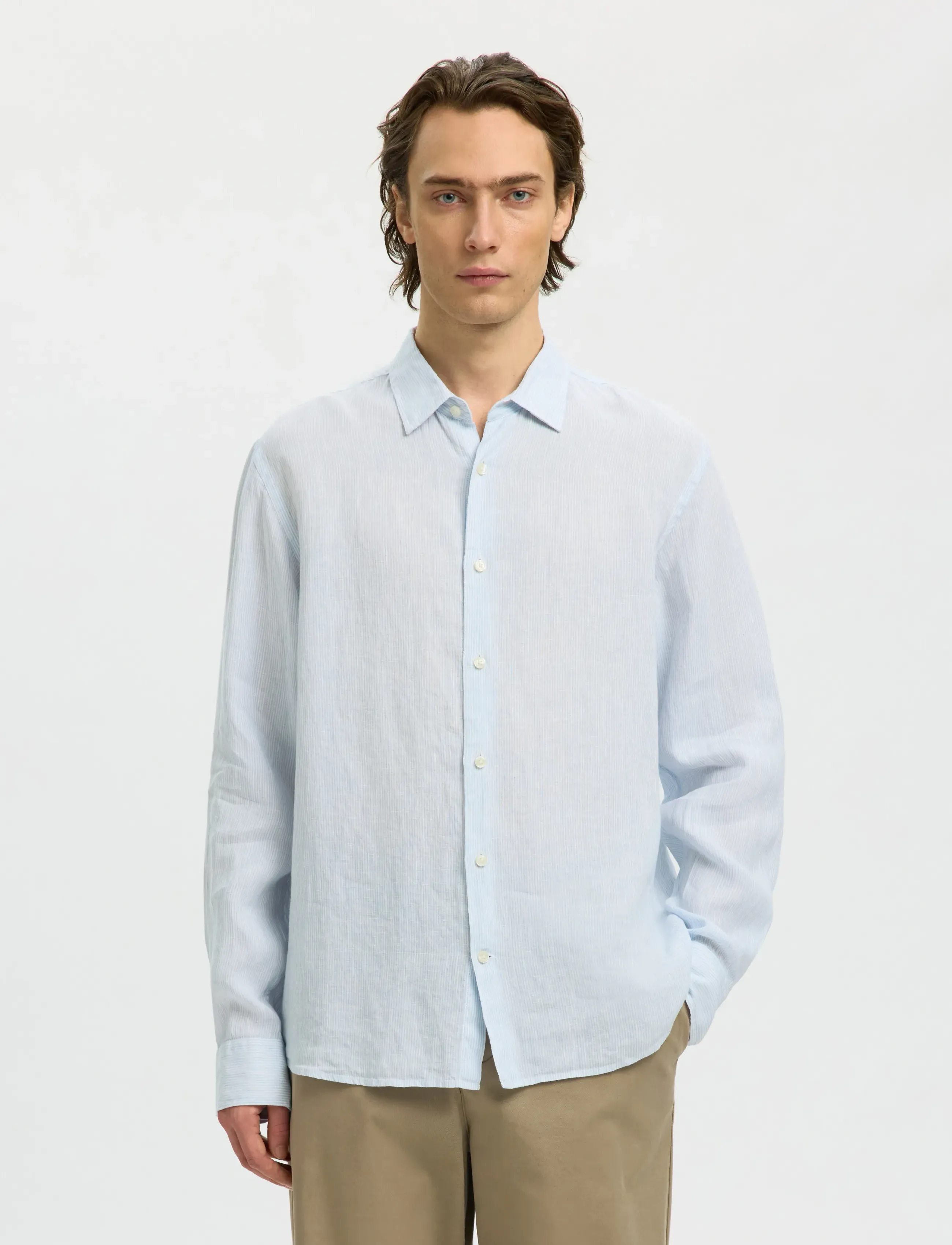 Selected SLMREGCLAUS KYLIAN LINEN LS SHIRT NOOS - Leinenhemden - BRIGHT WHITE / blue