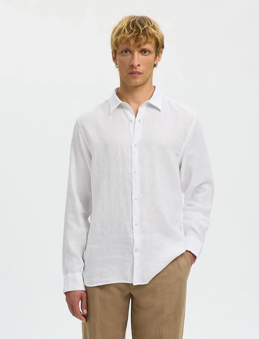 Selected - SLMREGCLAUS KYLIAN LINEN LS SHIRT NOOS - pellavakauluspaidat - white - 0