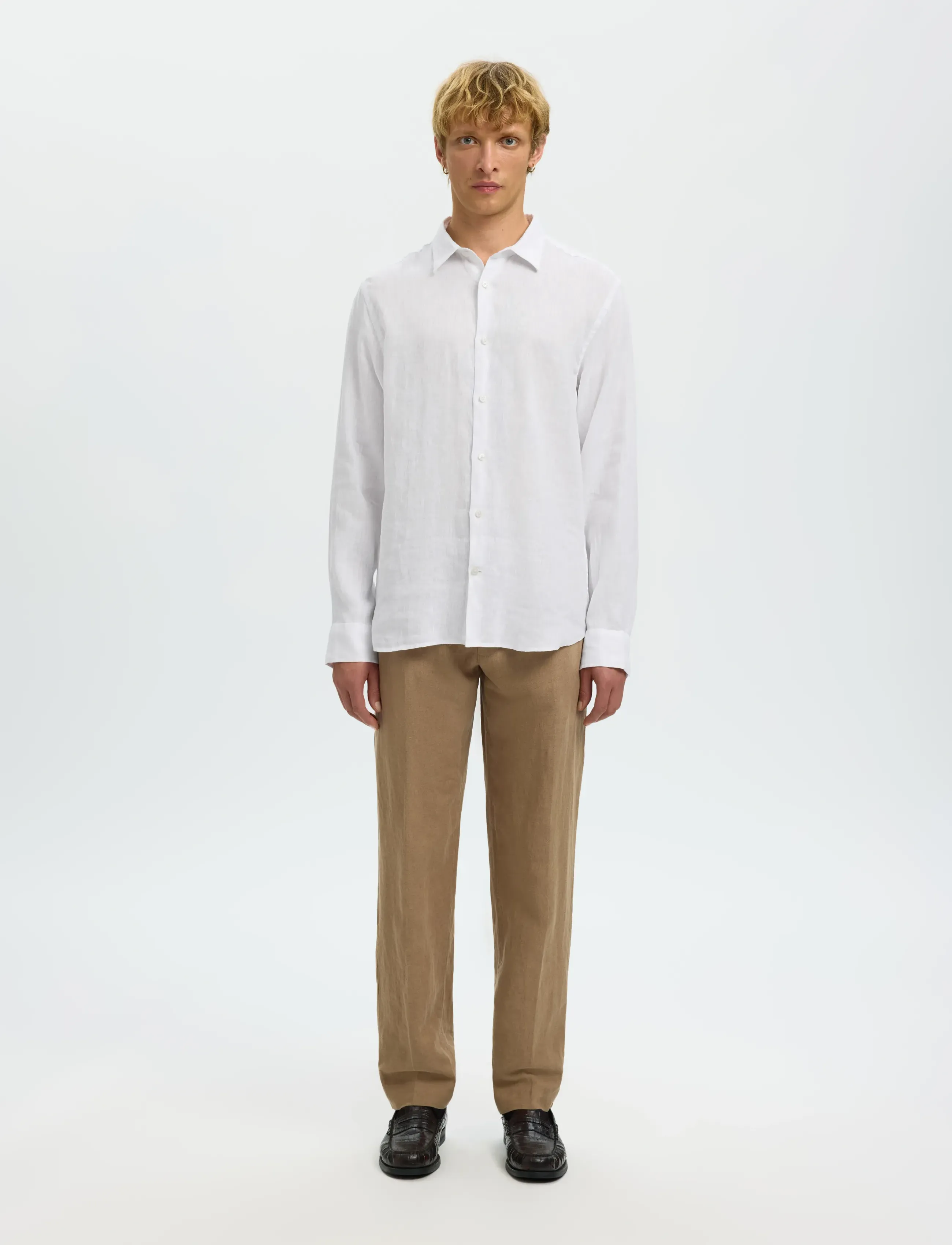 Selected - SLMREGCLAUS KYLIAN LINEN LS SHIRT NOOS - pellavakauluspaidat - white - 3