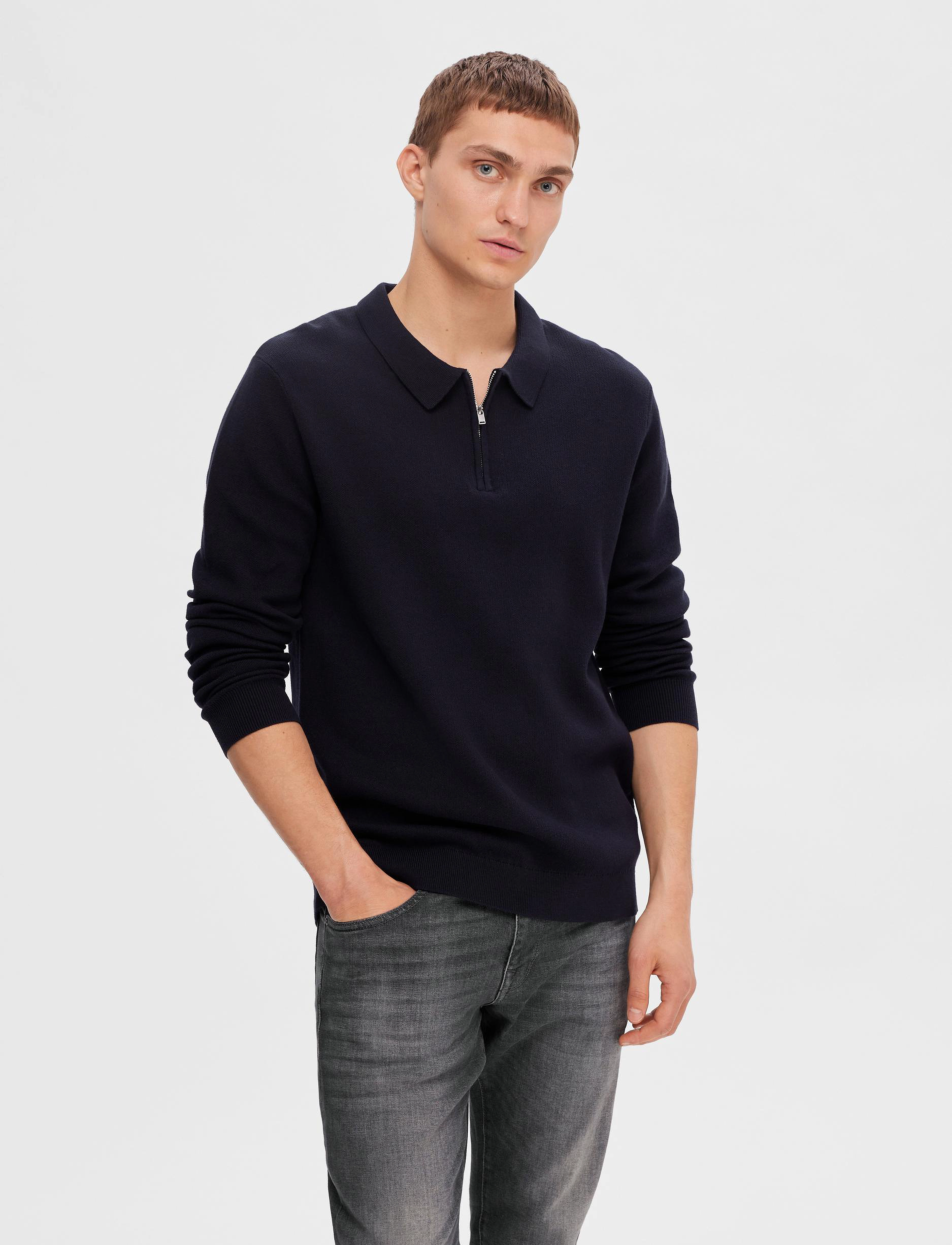 Selected - SLHFLORENCE LS KNIT ZIP POLO EX - dark sapphire - 1
