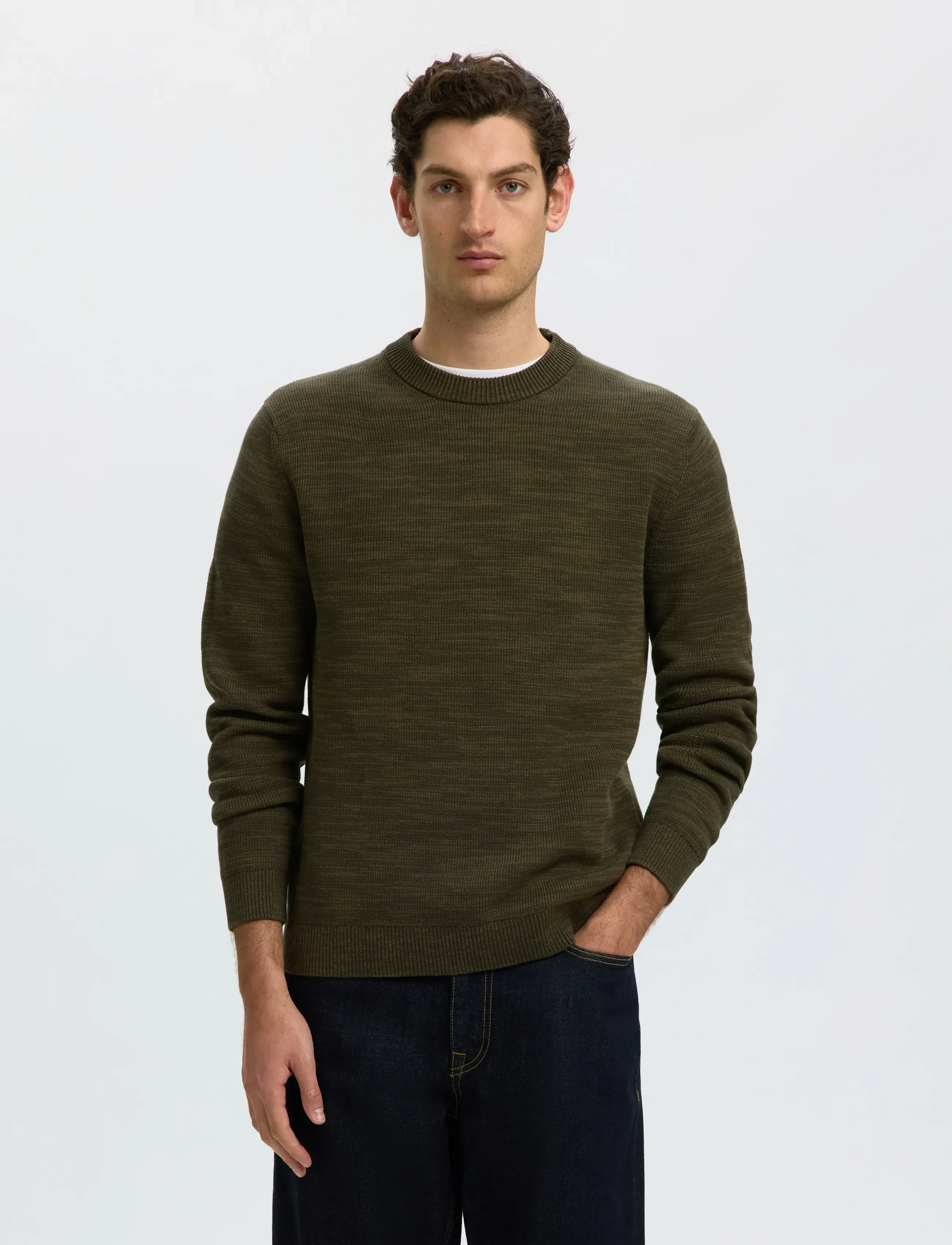 Selected Slmdane Ls Knit Reg Struc Crew Neck Noos, S, Knitwear, Khakigrün - Round Necks, Männerswear