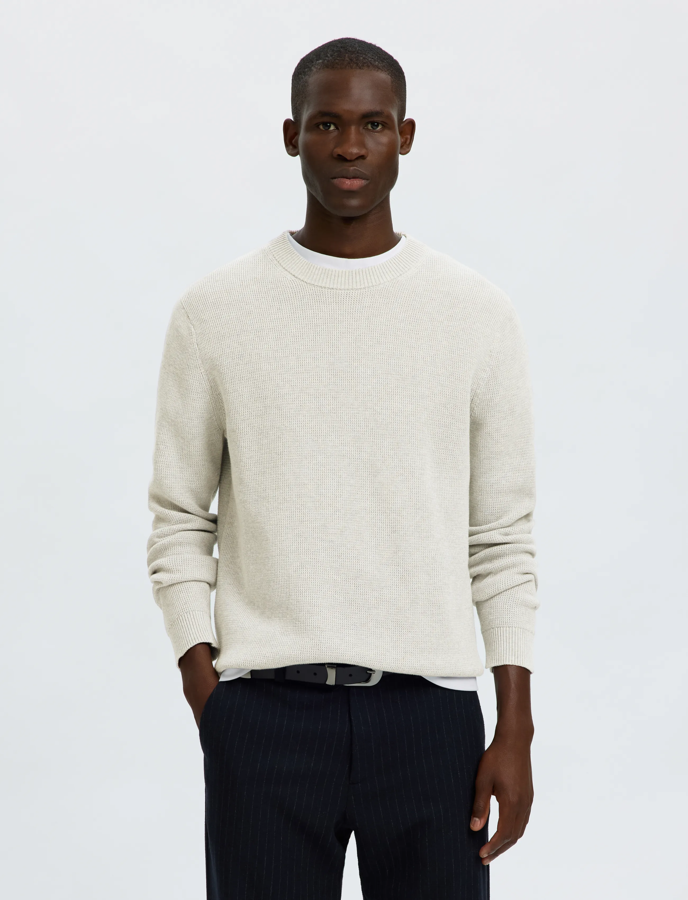 Selected SLMDANE LS KNIT STRUCTURE CREW NECK NOOS - Säsongens färger - LIGHT GREY MELANGE / grey