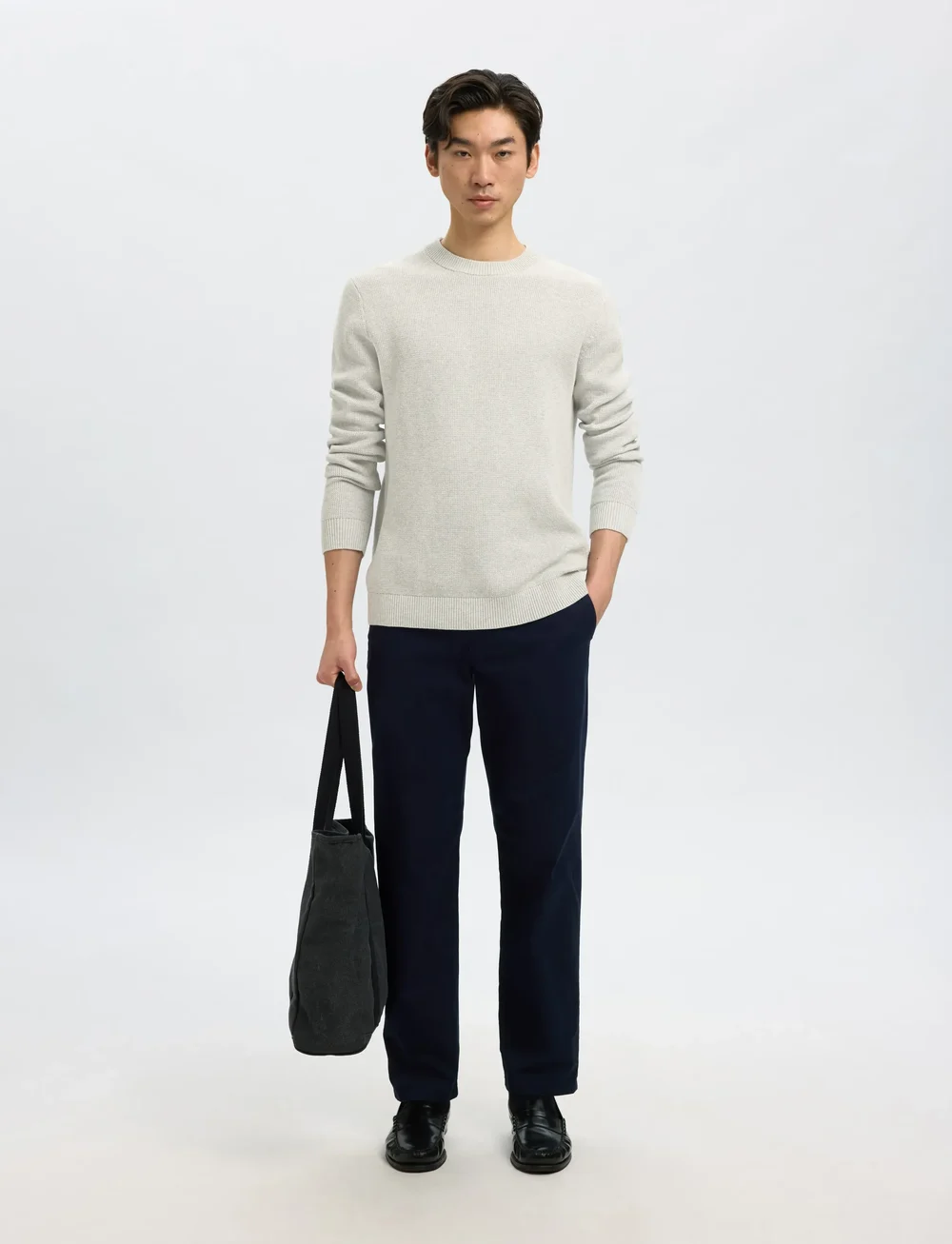 Selected - SLHDANE LS KNIT STRUCTURE CREW NECK NOOS - Ümmarguse kaelusega kudumid - light grey melange - 4