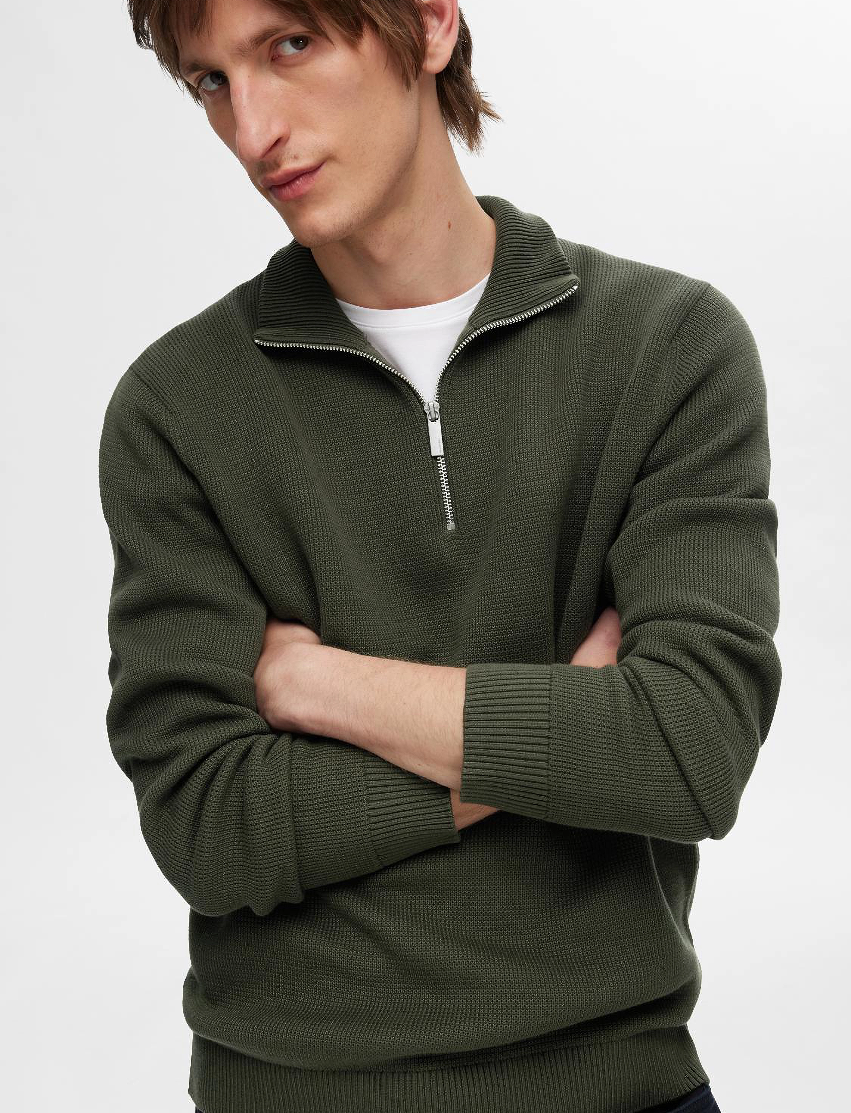 Selected - SLMDANE LS KNIT STRUCTURE HALF ZIP NOOS - strik - forest night - 5