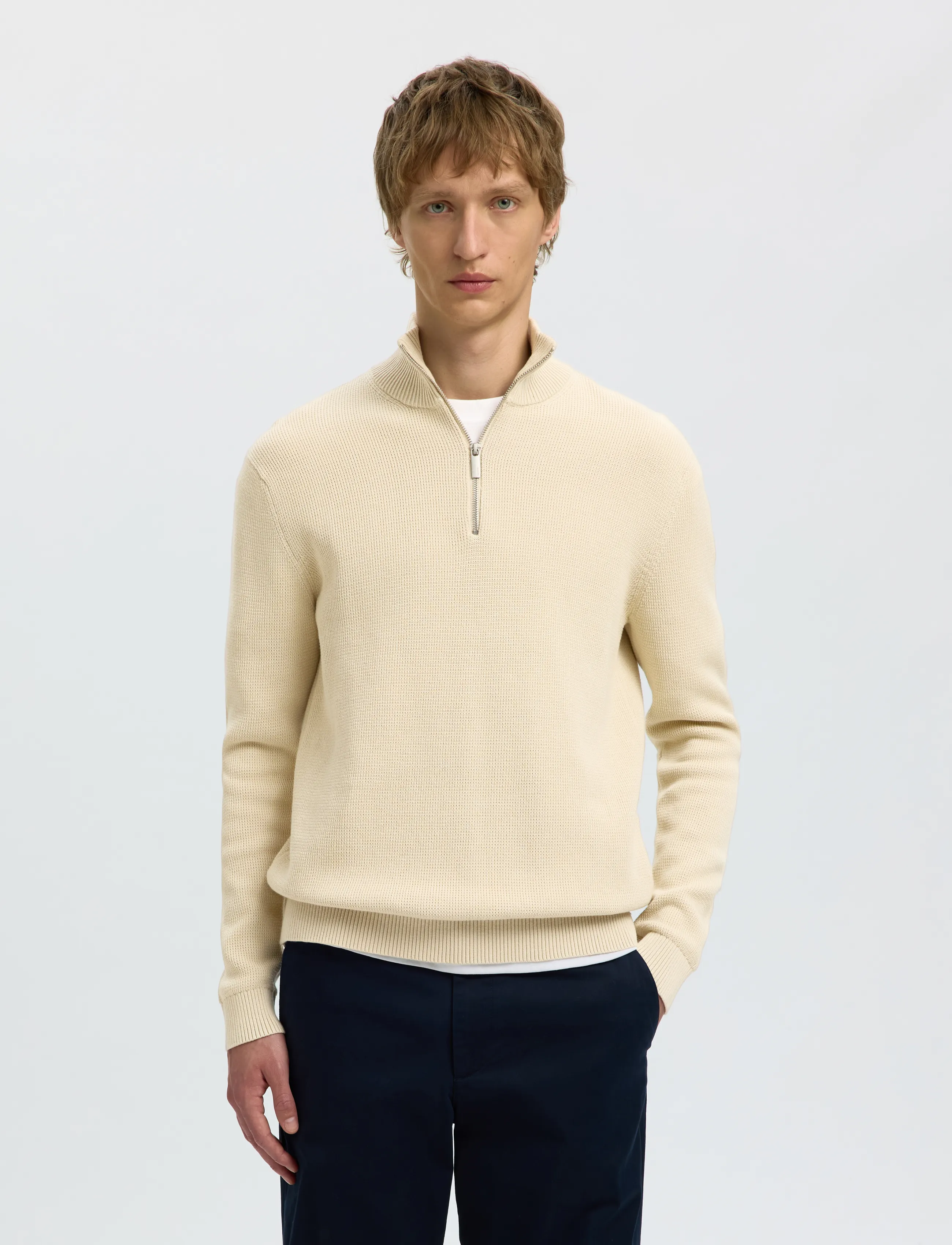 Selected Slmdane Ls Knit Structure Half Zip Noos, S, Knitwear, Creme - Jumpers, Männerswear