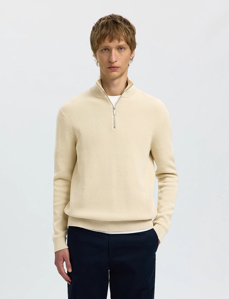 Selected - SLMDANE LS KNIT REG STRUC HALF ZIP NOOS - poolpika lukuga džemprid - oatmeal - 0
