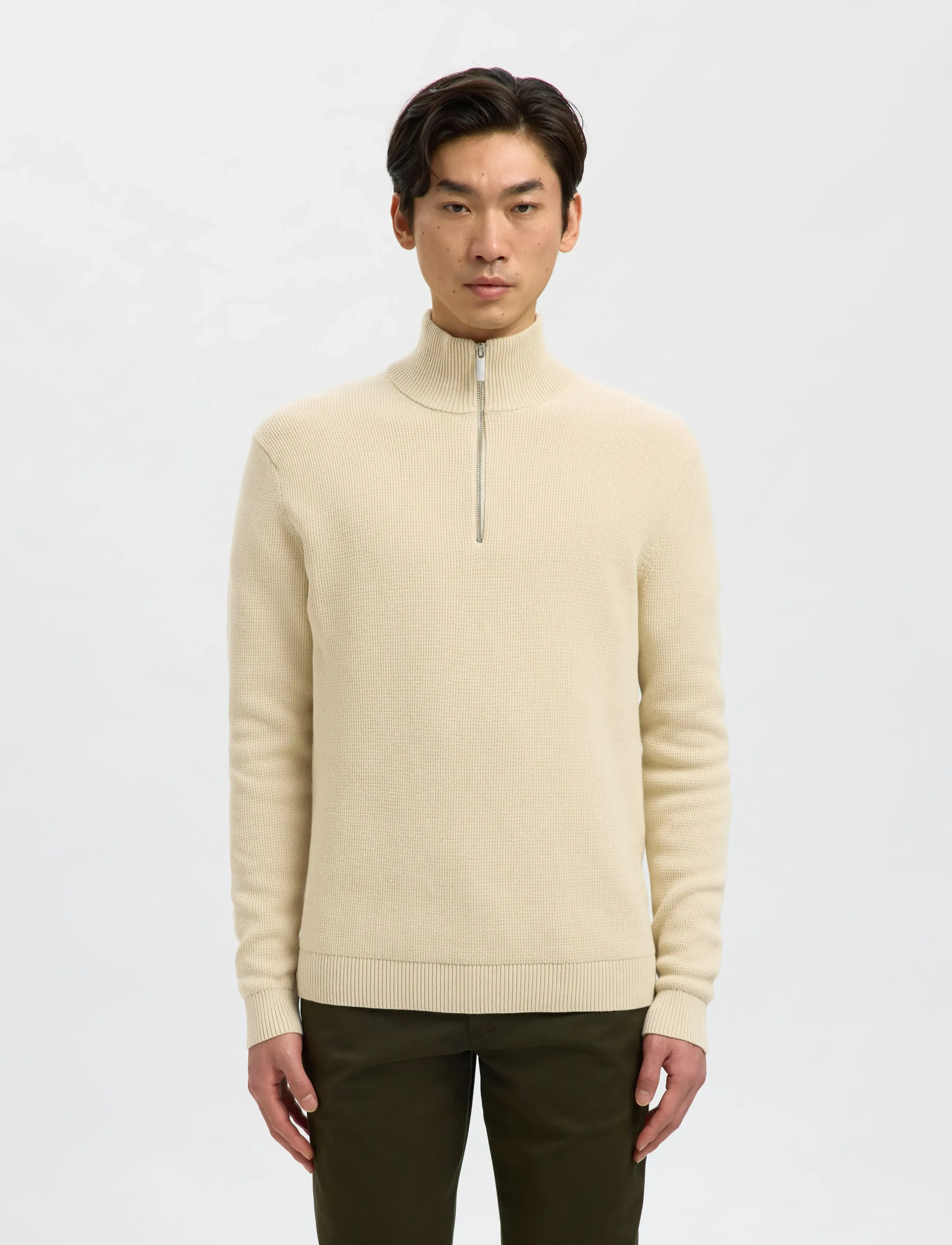 Selected - SLMDANE LS KNIT STRUCTURE HALF ZIP NOOS - half zip jumpers - oatmeal - 3