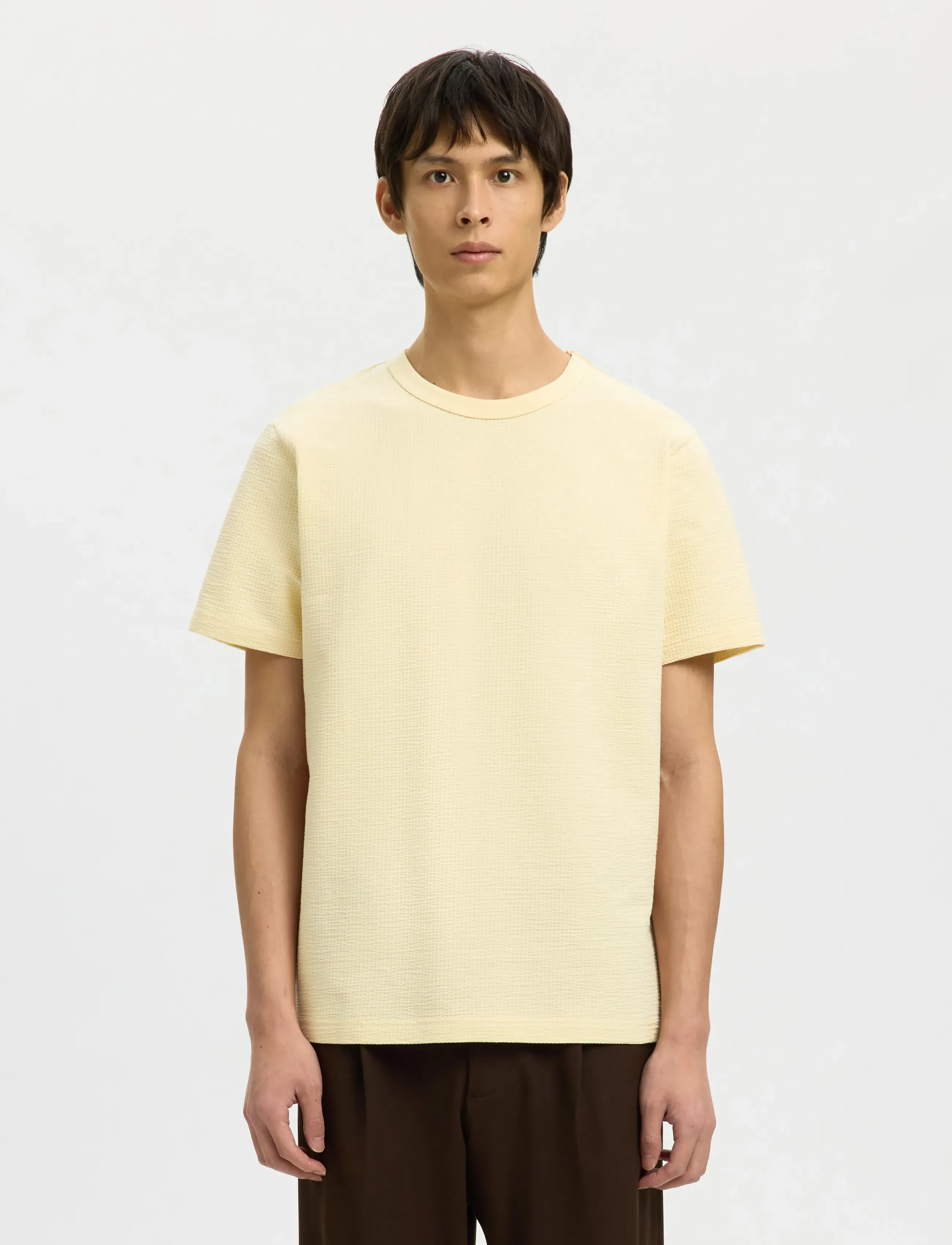 Selected SLHSANDER SEERSUCKER SS O-NECK TEE - Tøj - ANGORA / cream