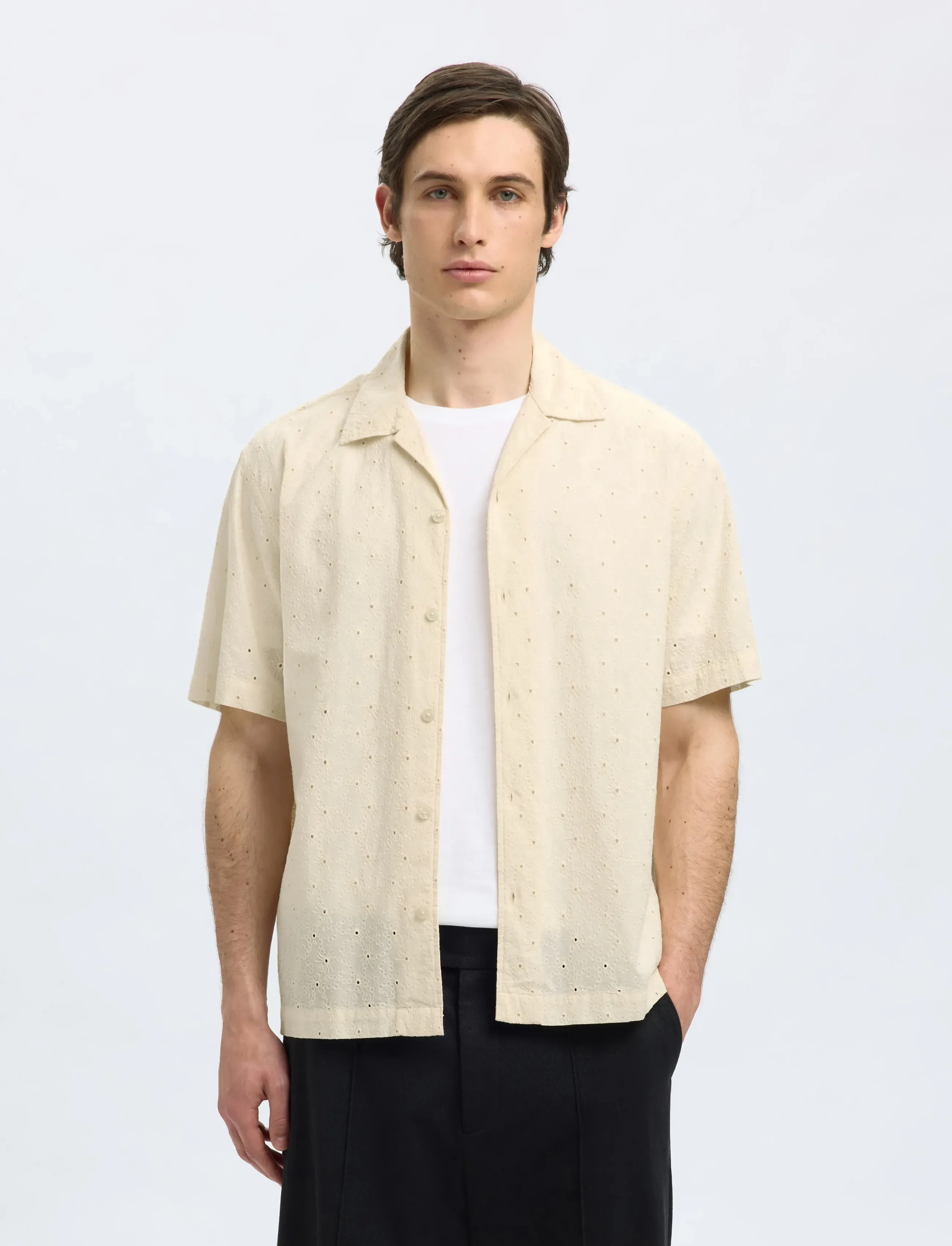 Selected Slhrlxjax Broderie Ss Shirt, Mænd, Broderi Kortærmet Skjorte, Cream, Str: XL