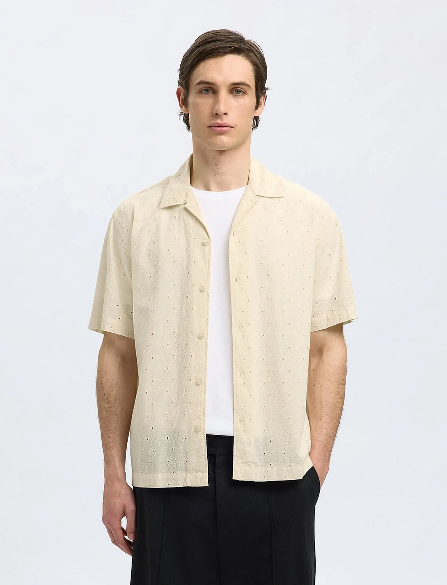 Selected - SLHRLXJAX BRODERIE SS SHIRT - kortærmede skjorter - egret - 0