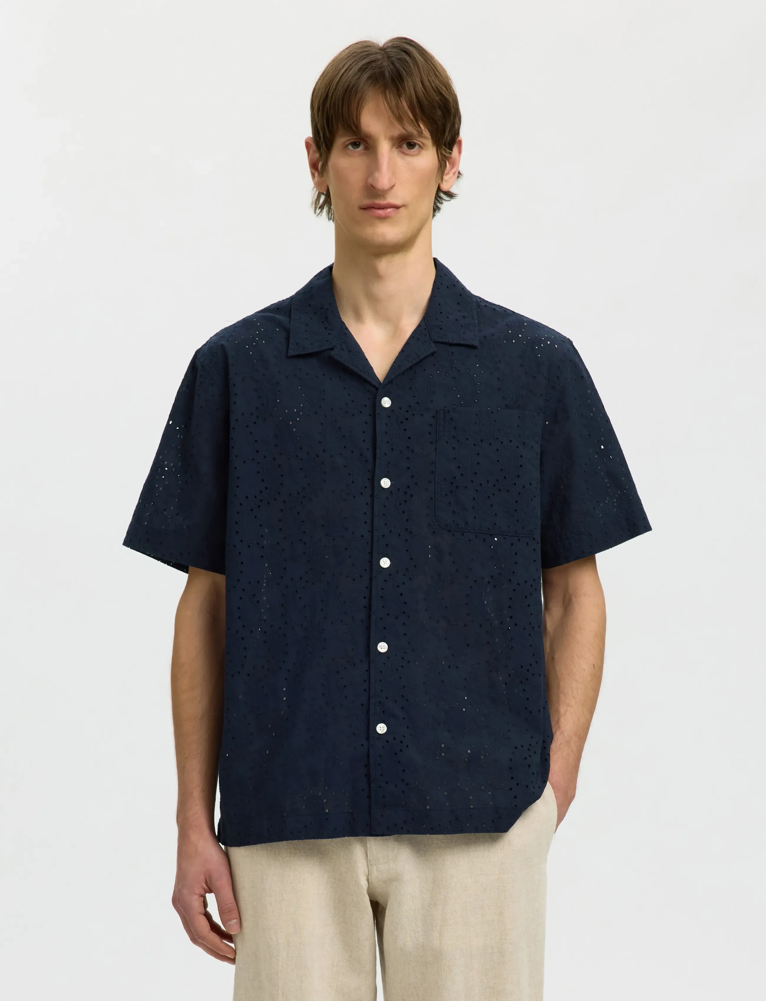 Selected Slhrlxjax Broderie Ss Shirt, Mænd, Broderi Kortærmet Skjorte, Navy, Str: L