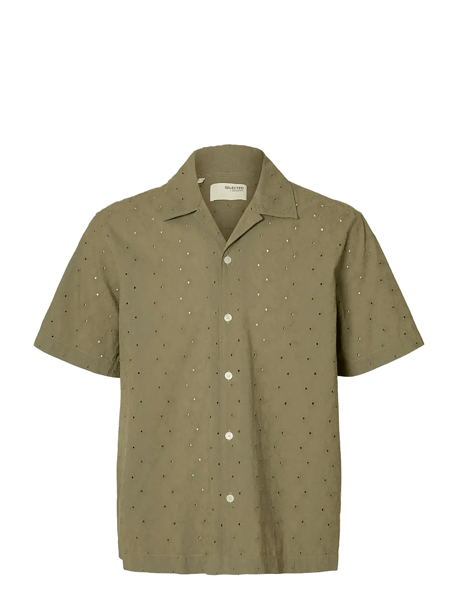 Selected - SLHRLXJAX BRODERIE SS SHIRT - short-sleeved shirts - vetiver - 1